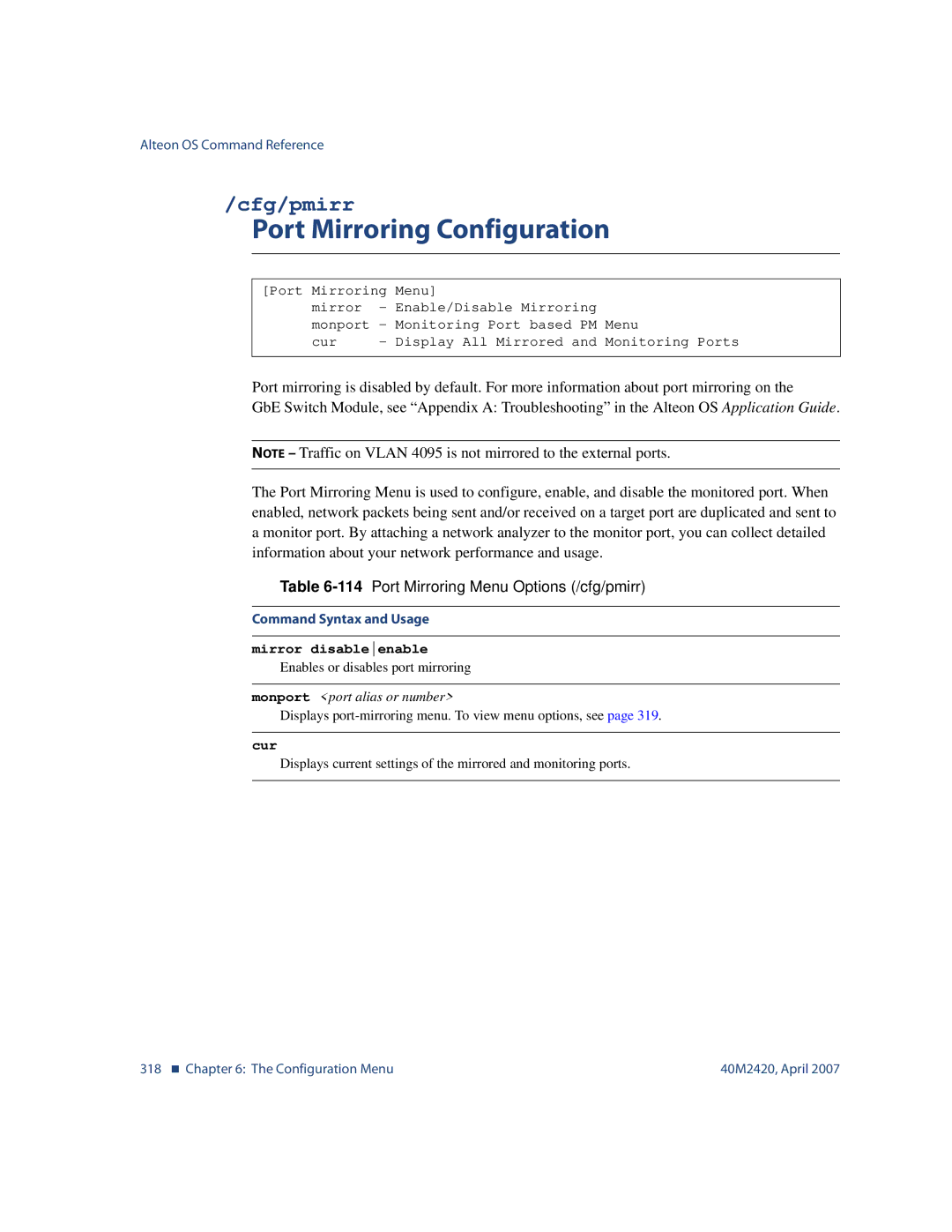 Nortel Networks 40M2420 manual Port Mirroring Configuration, Cfg/pmirr, 114Port Mirroring Menu Options /cfg/pmirr 