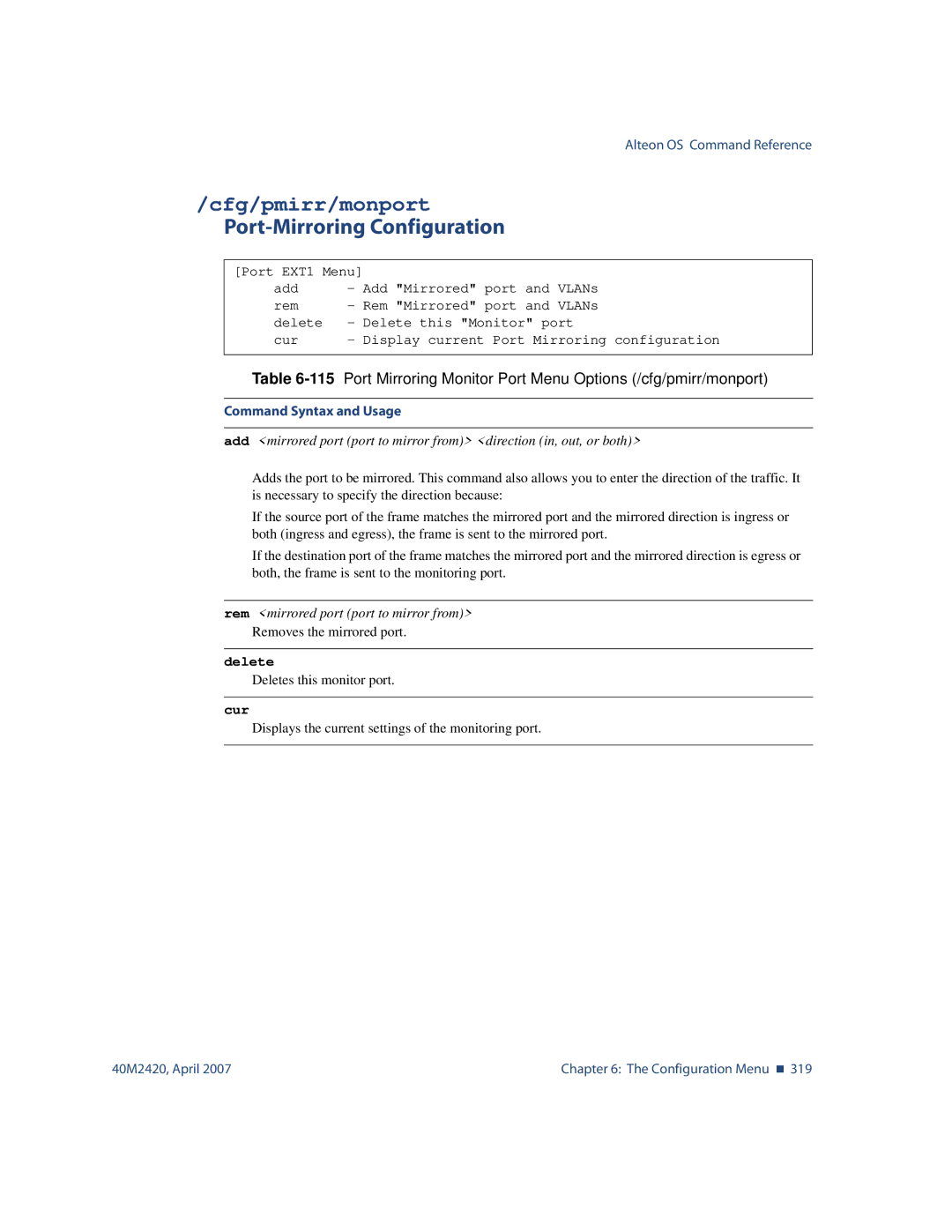 Nortel Networks 40M2420 manual Cfg/pmirr/monport, Port-Mirroring Configuration, Rem mirrored port port to mirror from 