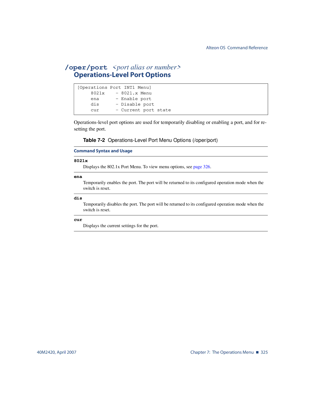 Nortel Networks 40M2420 manual Operations-Level Port Options, 2Operations-Level Port Menu Options /oper/port 