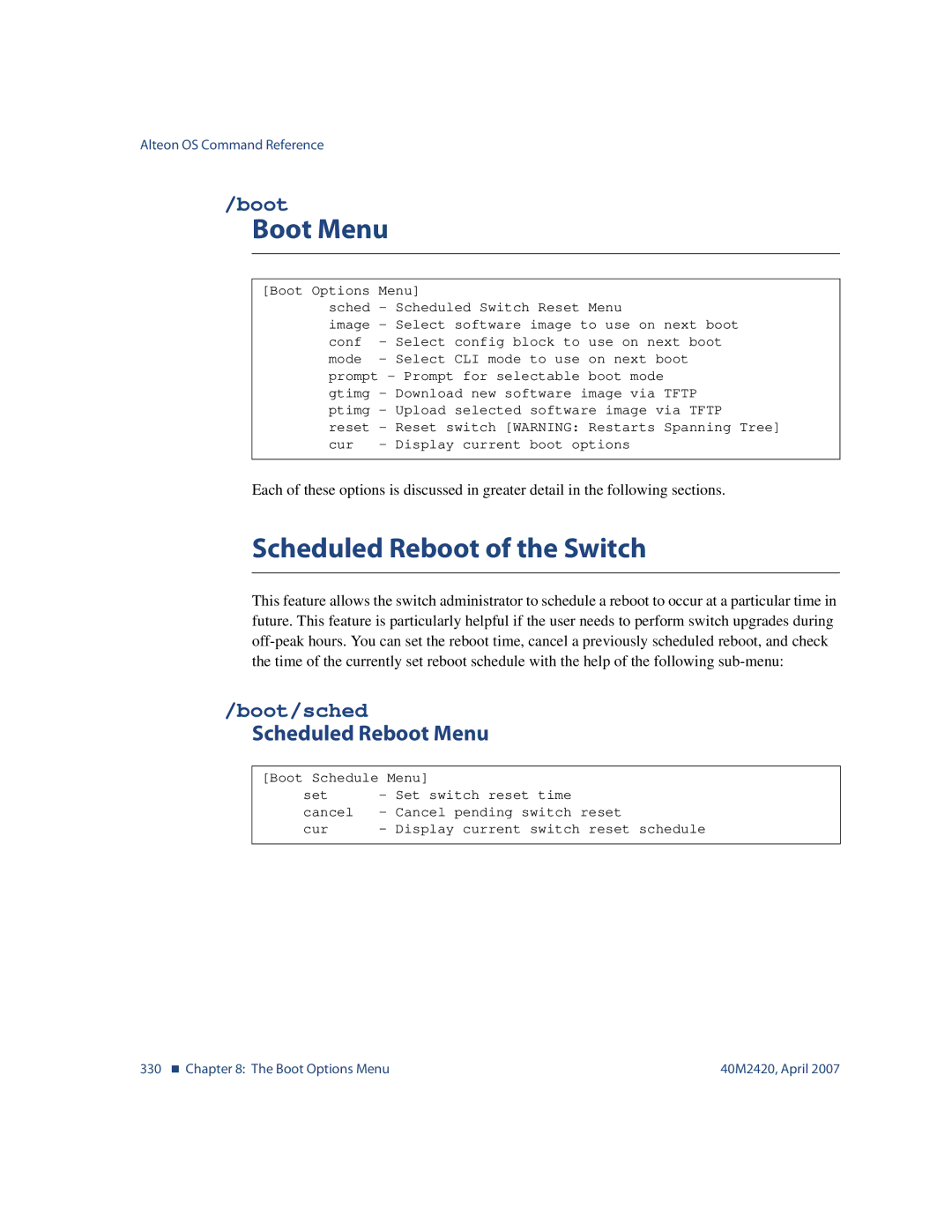 Nortel Networks 40M2420 manual Boot Menu, Scheduled Reboot of the Switch, Boot/sched, Scheduled Reboot Menu 