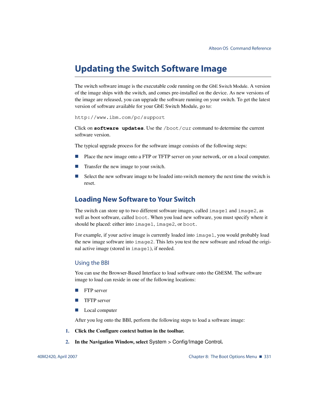 Nortel Networks 40M2420 manual Updating the Switch Software Image, Loading New Software to Your Switch, Using the BBI 