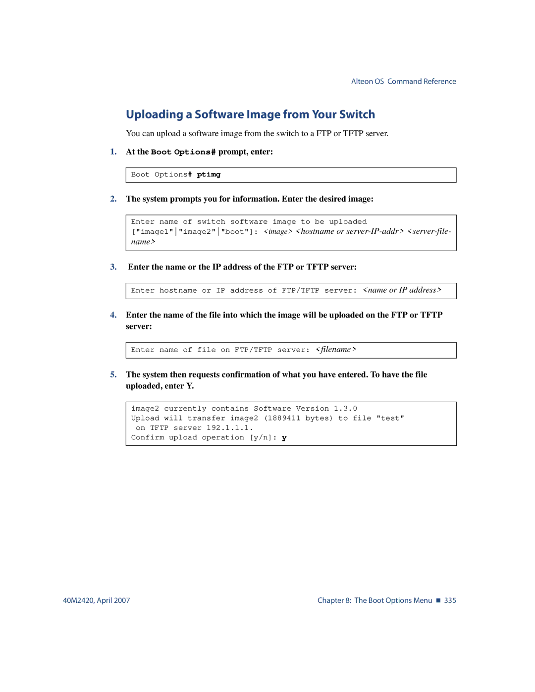 Nortel Networks 40M2420 manual Uploading a Software Image from Your Switch 