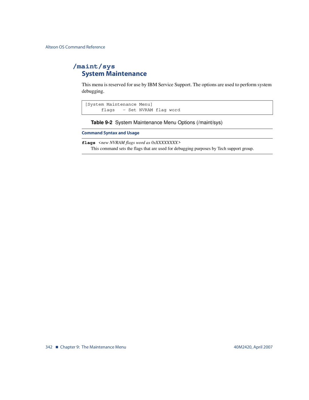 Nortel Networks 40M2420 manual Maint/sys, 2System Maintenance Menu Options /maint/sys, Flags new Nvram flags word as 