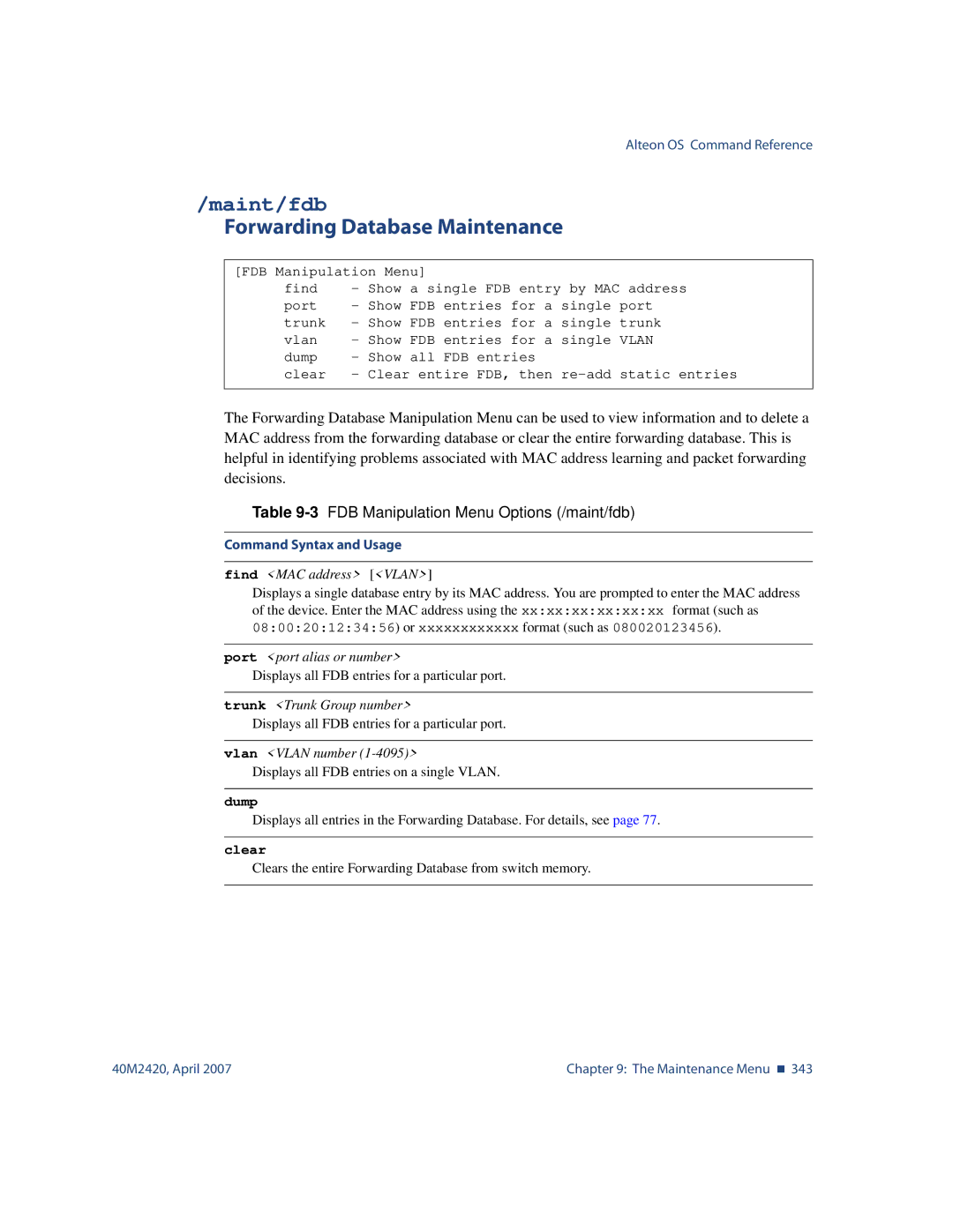 Nortel Networks 40M2420 manual Maint/fdb, Forwarding Database Maintenance, 3FDB Manipulation Menu Options /maint/fdb 