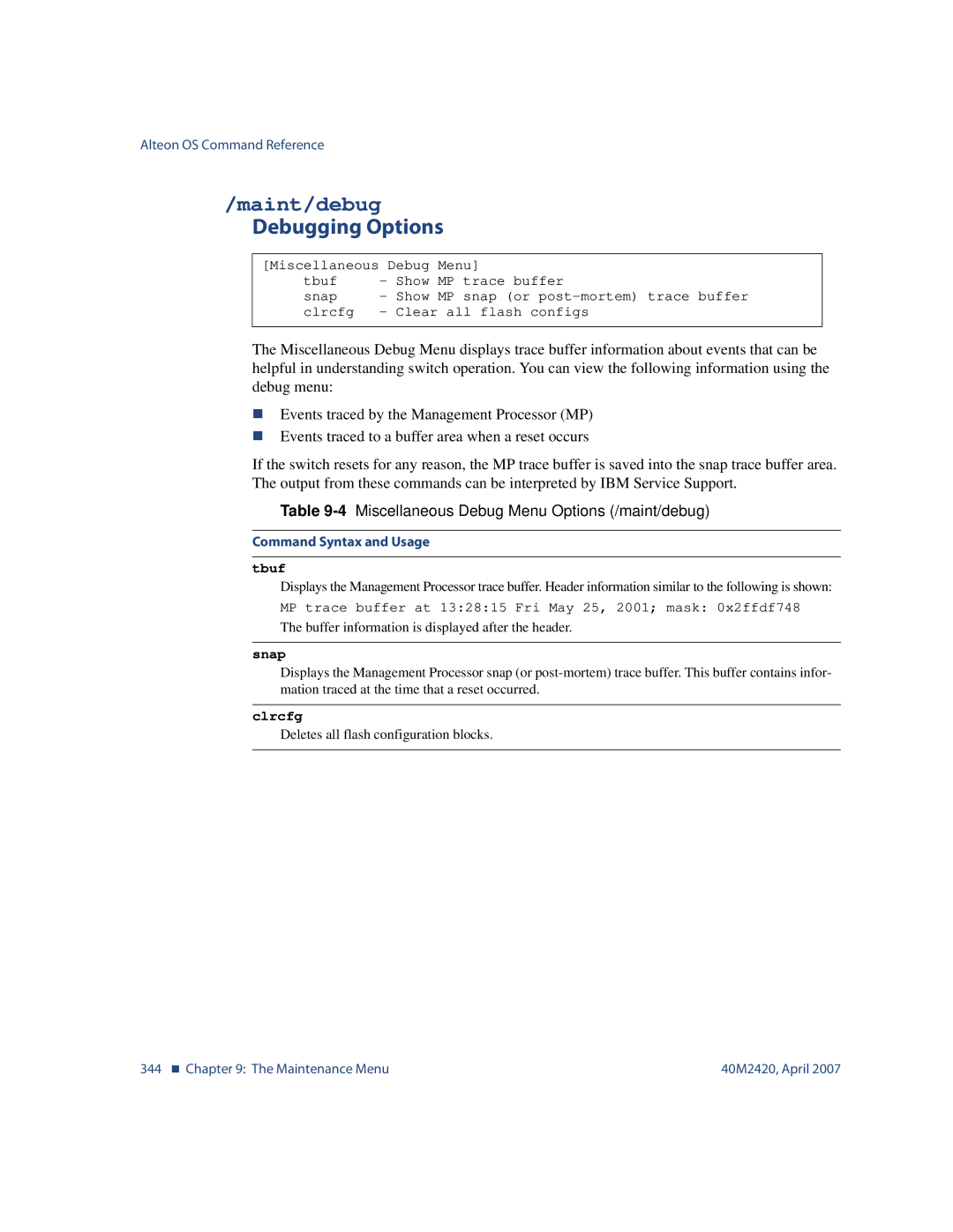 Nortel Networks 40M2420 manual Maint/debug, Debugging Options, 4Miscellaneous Debug Menu Options /maint/debug 