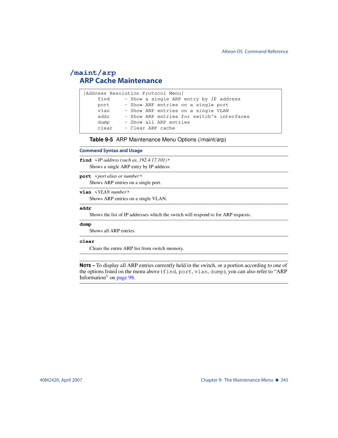 Nortel Networks 40M2420 manual Maint/arp, ARP Cache Maintenance, 5ARP Maintenance Menu Options /maint/arp 