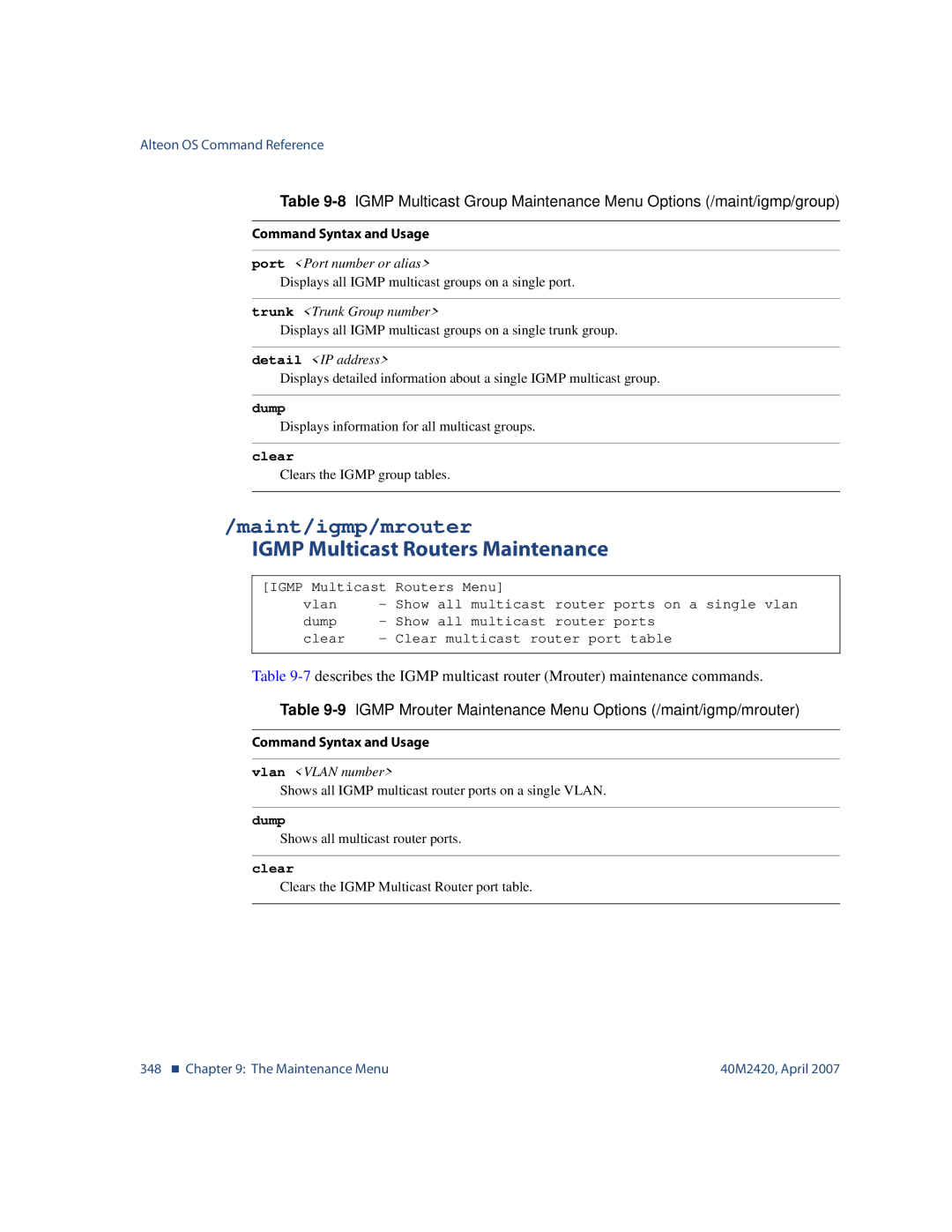 Nortel Networks 40M2420 manual Maint/igmp/mrouter, Igmp Multicast Routers Maintenance 