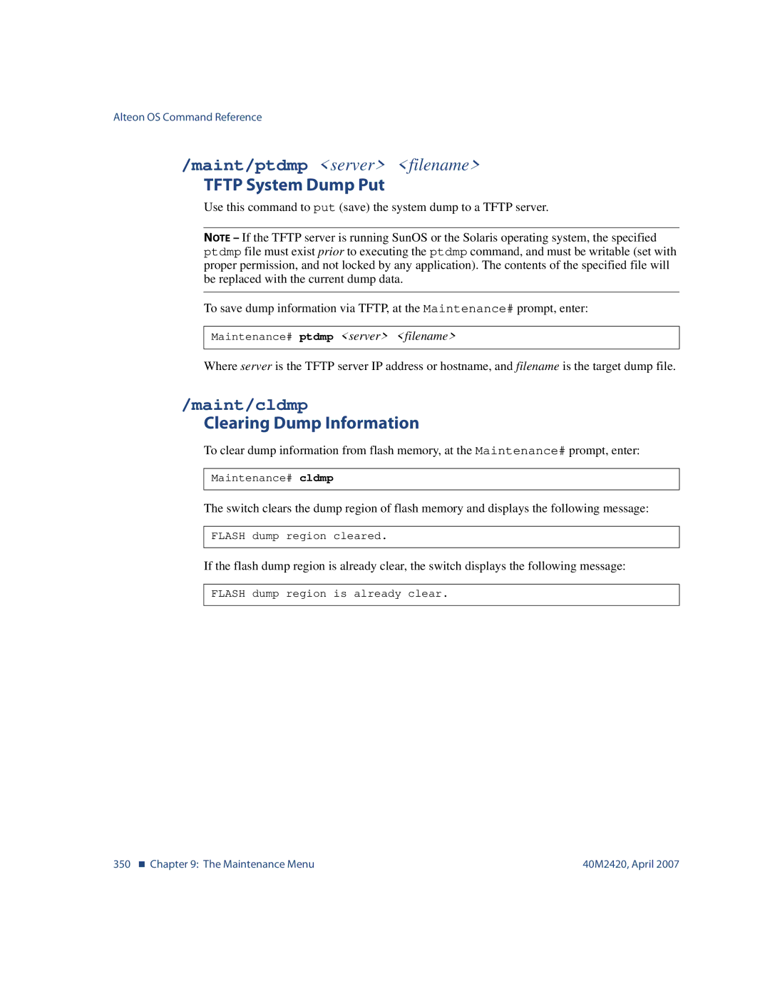 Nortel Networks 40M2420 manual Tftp System Dump Put, Maint/cldmp, Clearing Dump Information 