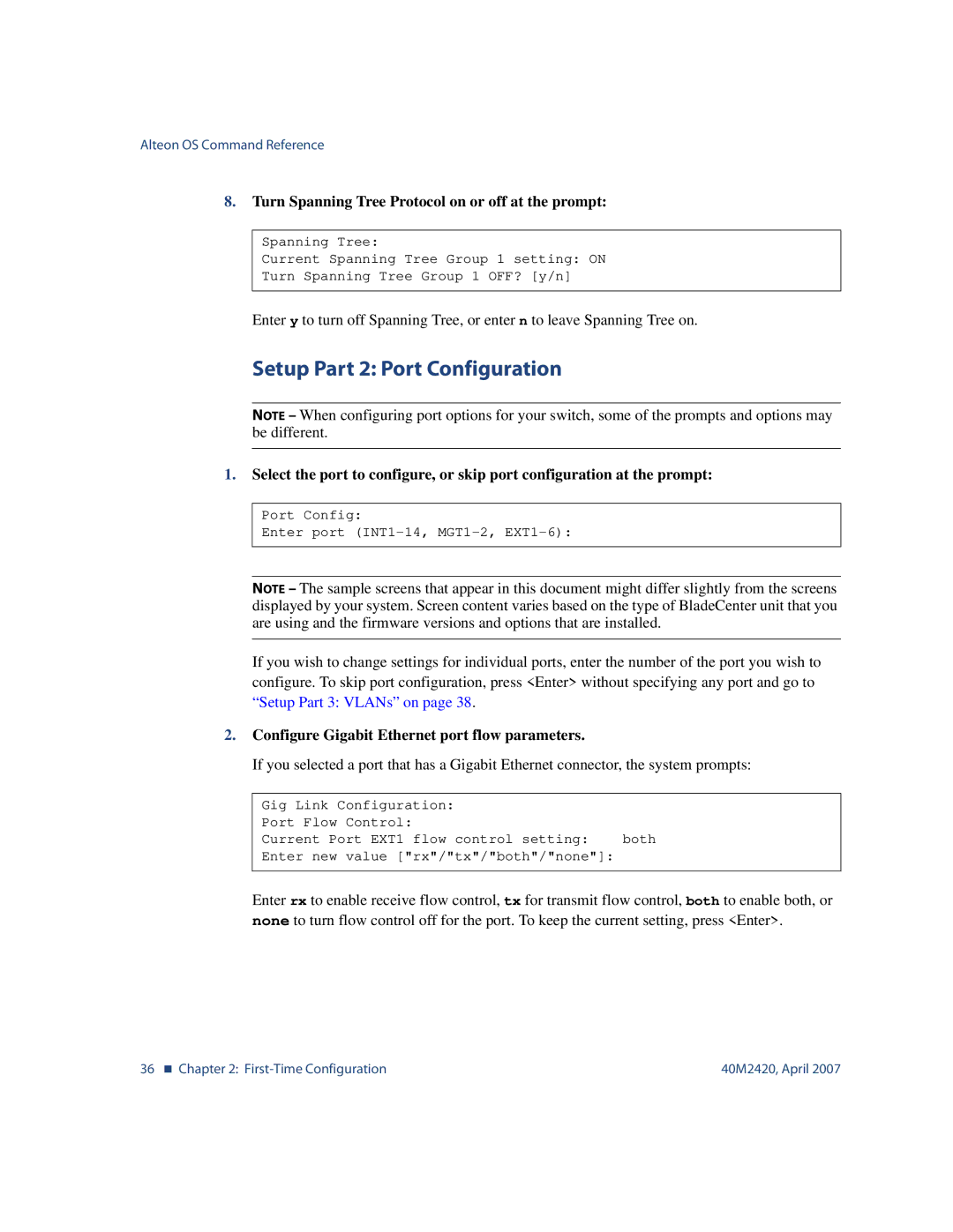 Nortel Networks 40M2420 manual Setup Part 2 Port Configuration, Turn Spanning Tree Protocol on or off at the prompt 