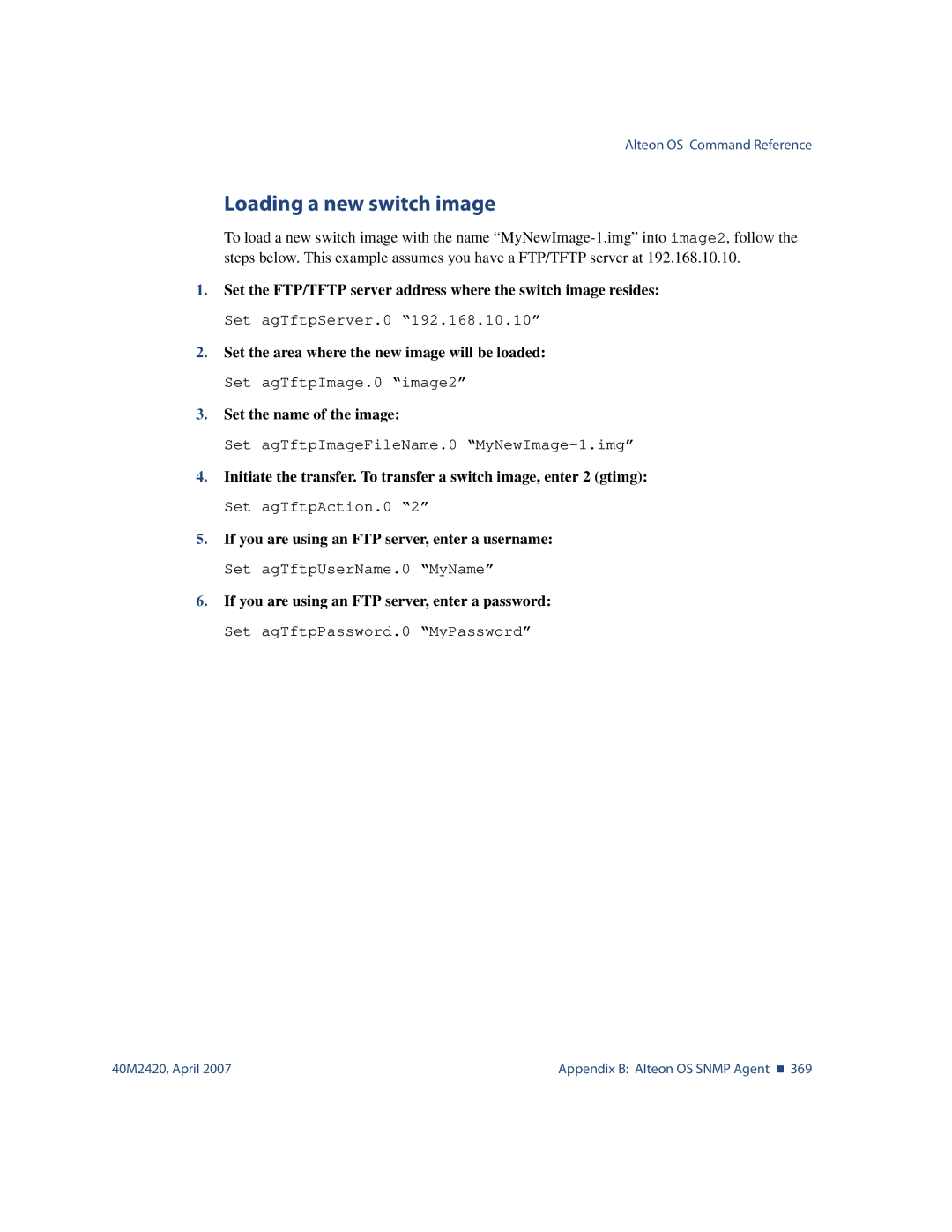 Nortel Networks 40M2420 manual Loading a new switch image, If you are using an FTP server, enter a password 