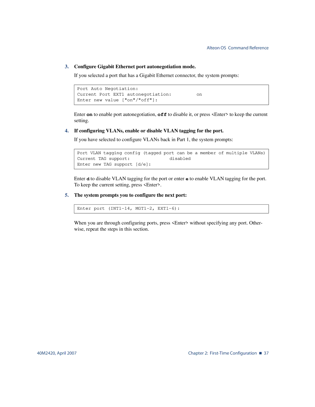 Nortel Networks 40M2420 manual Configure Gigabit Ethernet port autonegotiation mode 