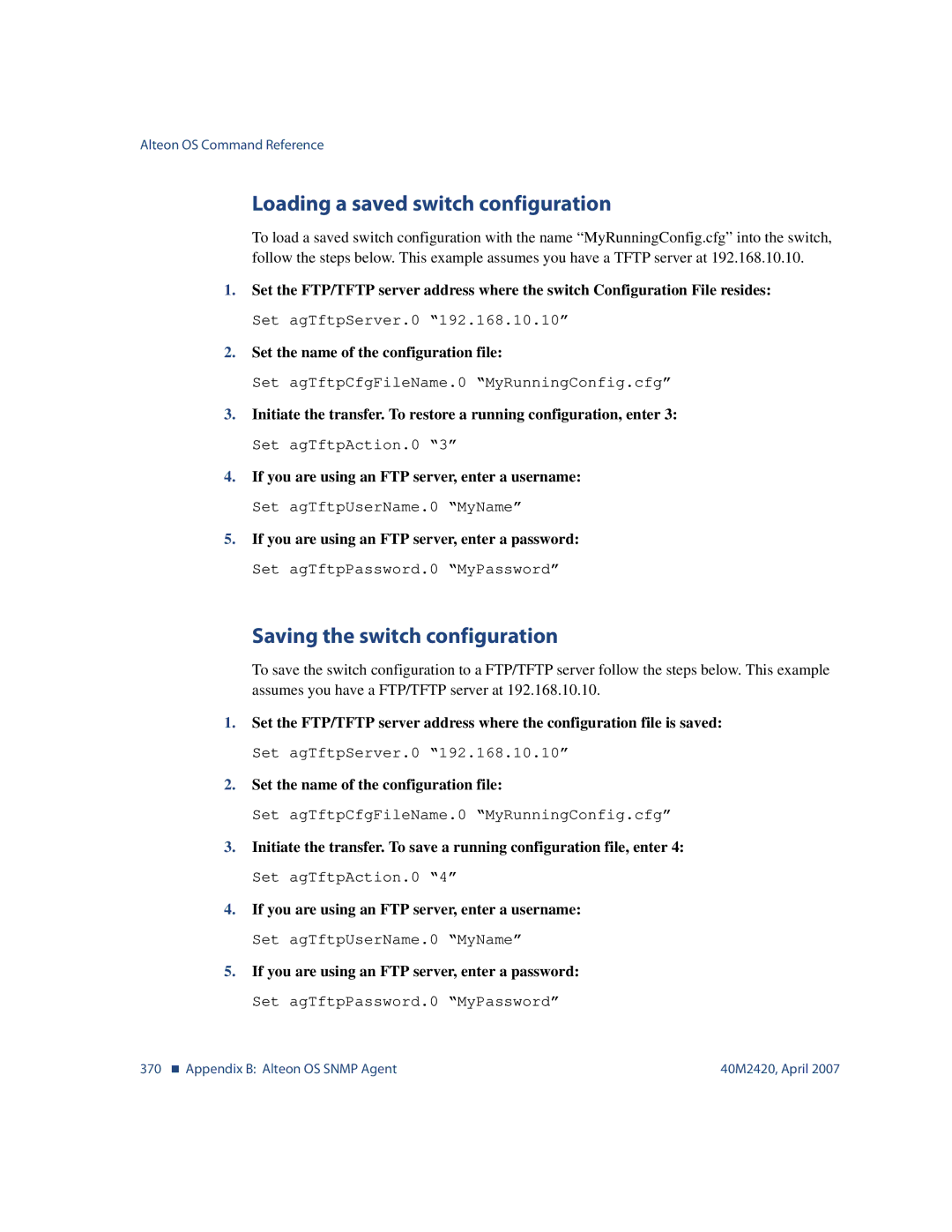 Nortel Networks 40M2420 manual Loading a saved switch configuration, Saving the switch configuration 