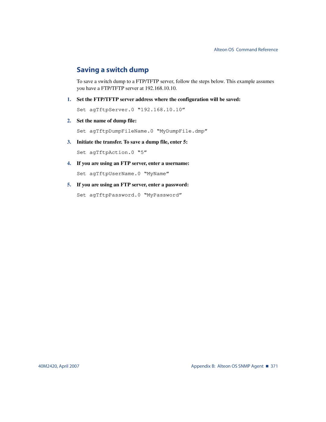 Nortel Networks 40M2420 manual Saving a switch dump 