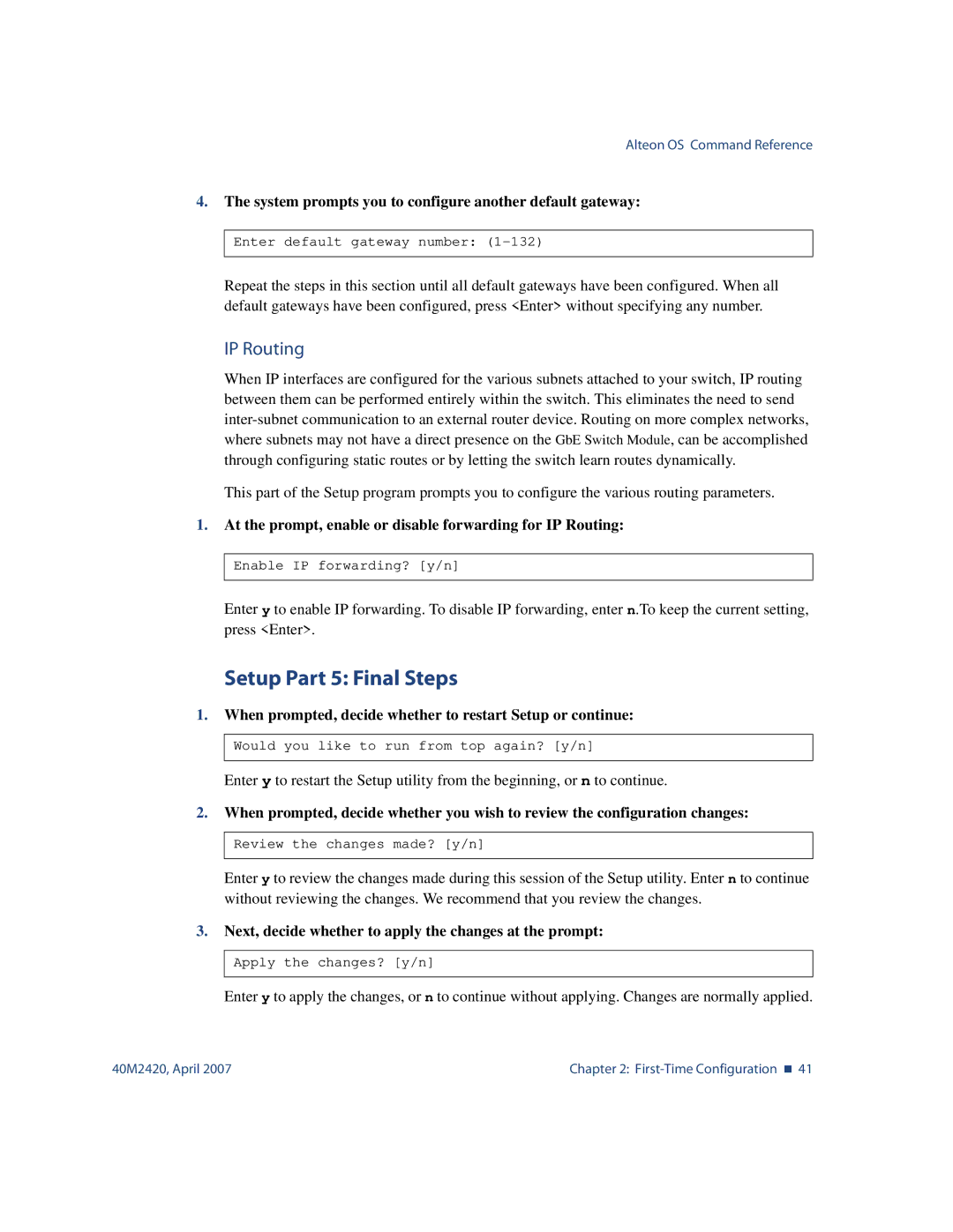 Nortel Networks 40M2420 manual Setup Part 5 Final Steps, IP Routing 