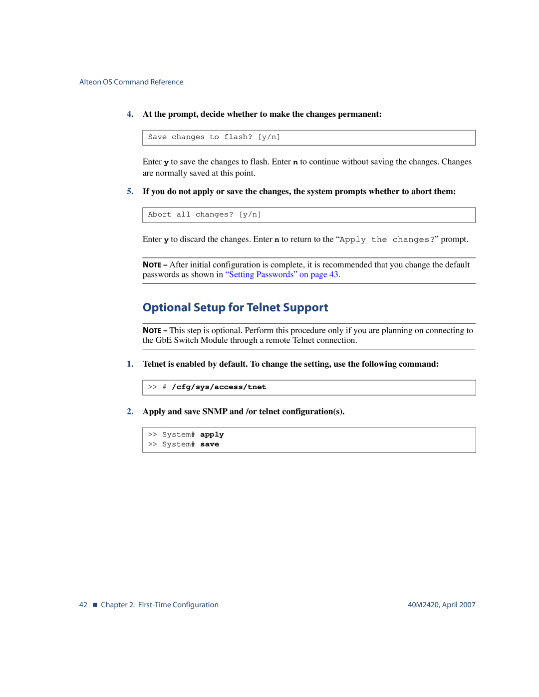 Nortel Networks 40M2420 manual Optional Setup for Telnet Support, # /cfg/sys/access/tnet 