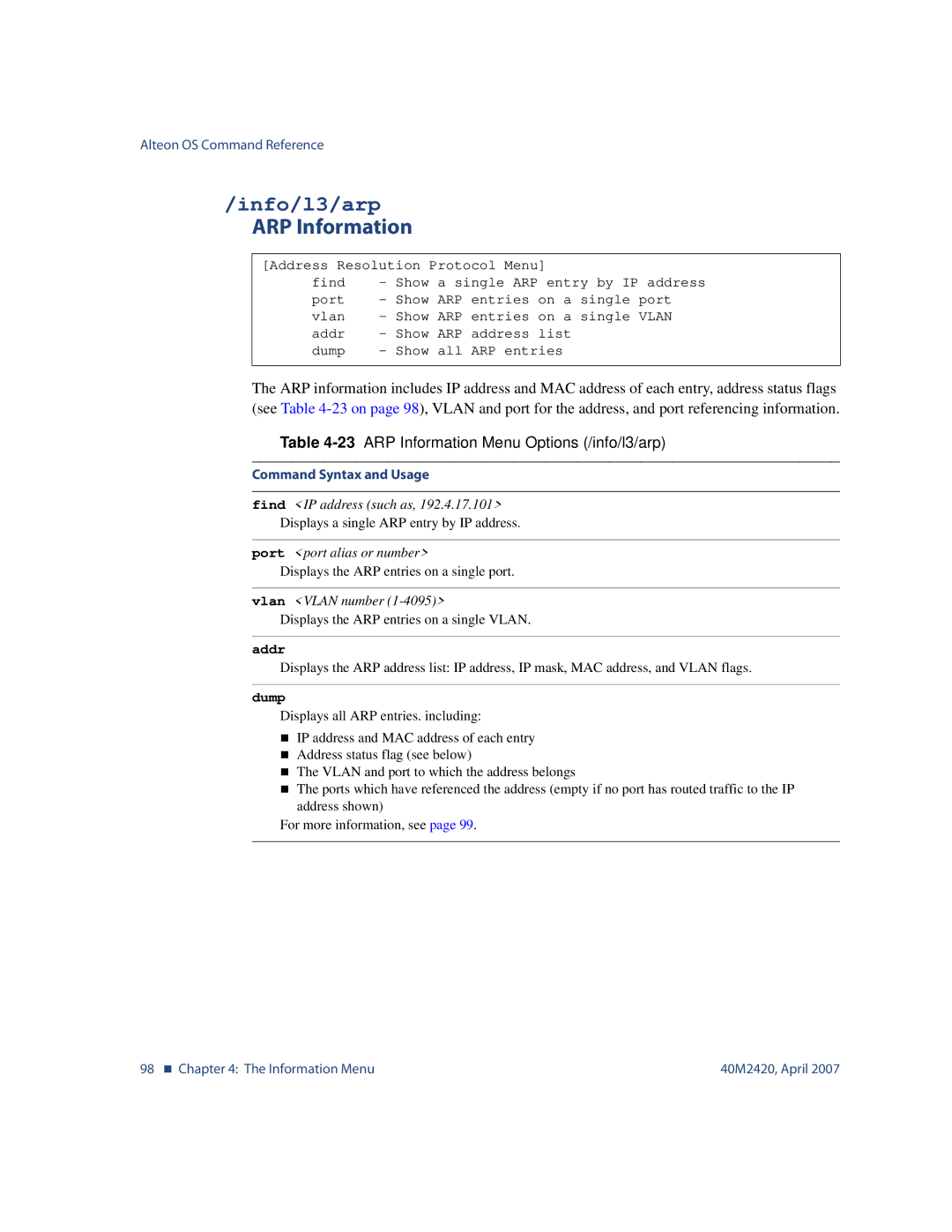 Nortel Networks 40M2420 manual Info/l3/arp, 23ARP Information Menu Options /info/l3/arp, Addr 