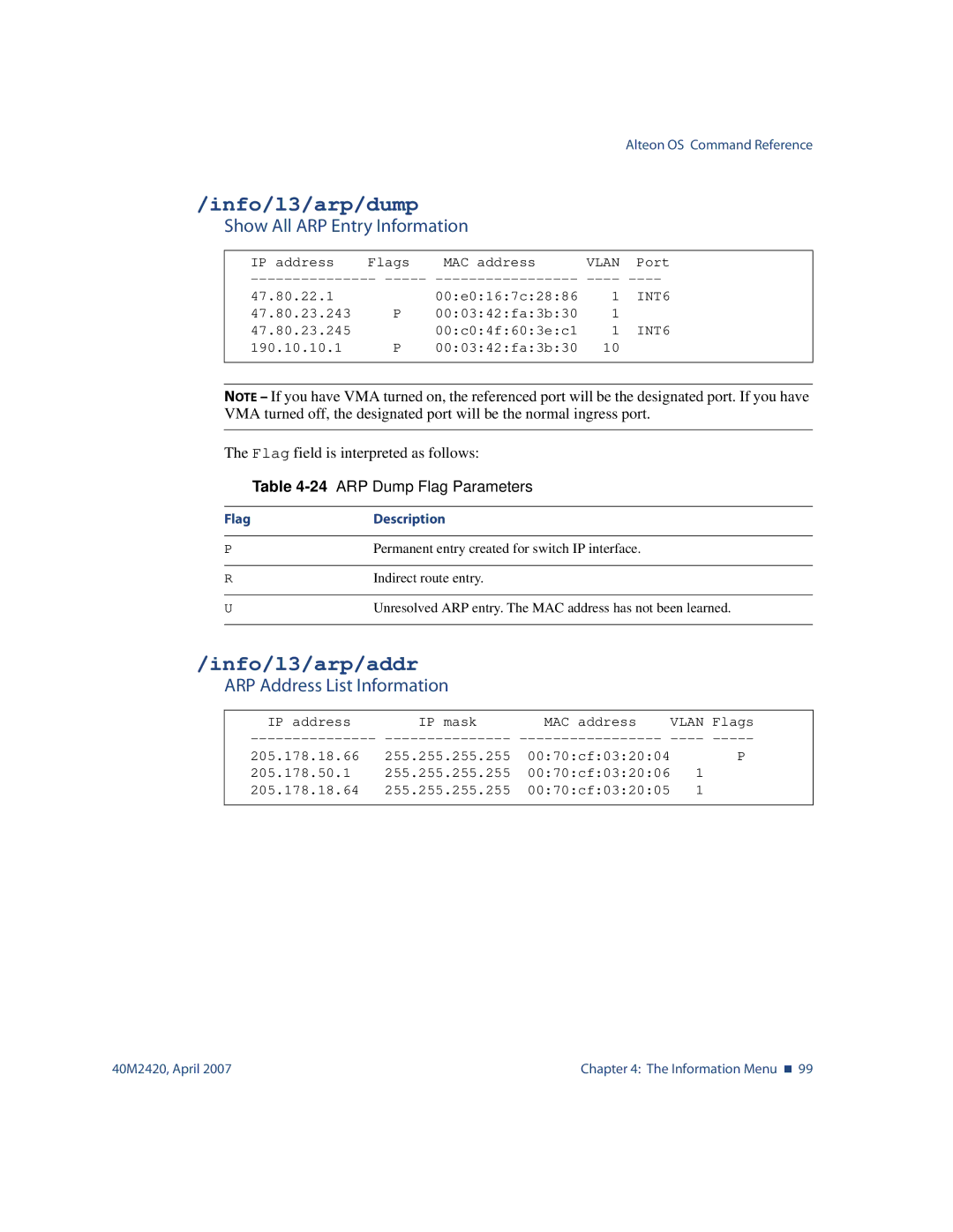 Nortel Networks 40M2420 Info/l3/arp/dump, Info/l3/arp/addr, Show All ARP Entry Information, ARP Address List Information 