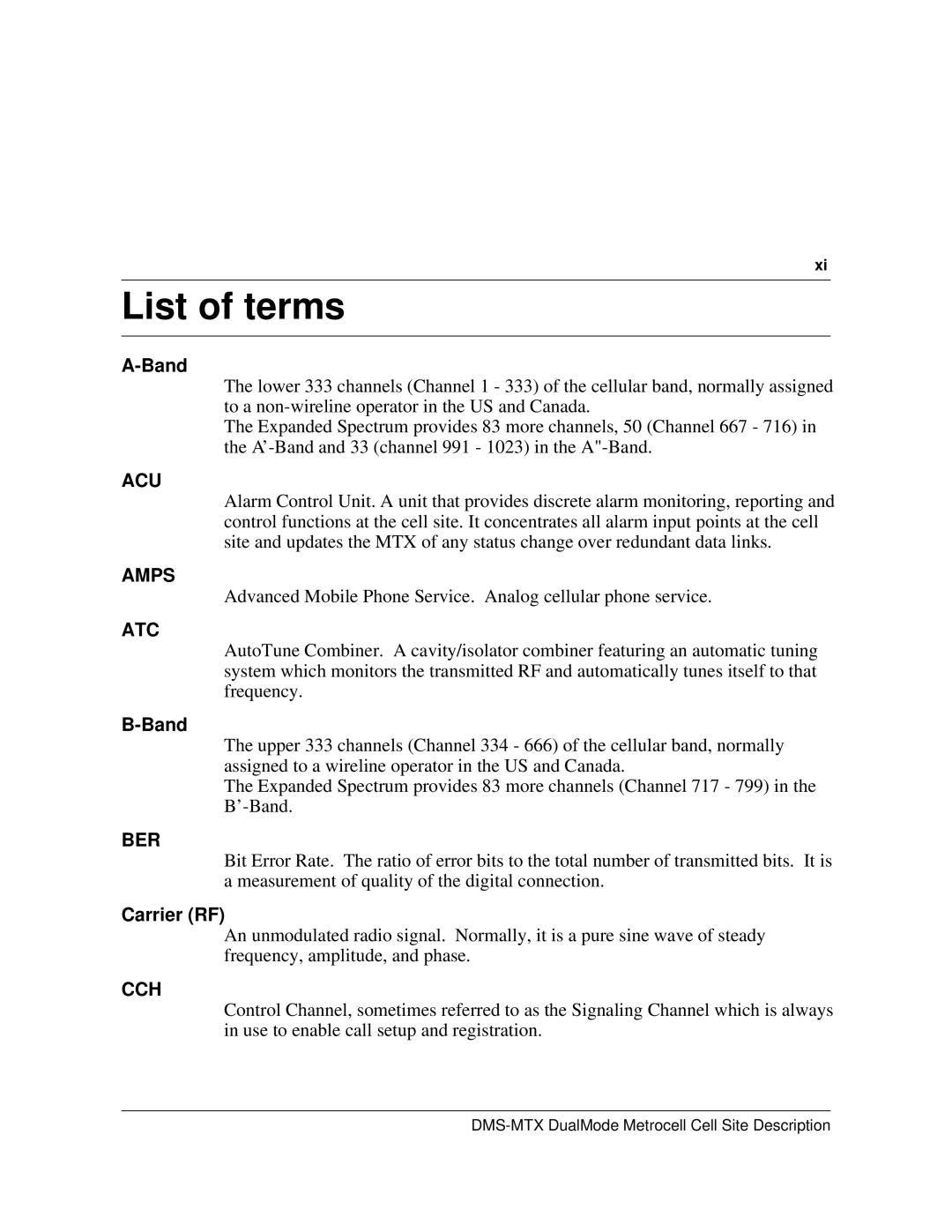 Nortel Networks 411-2021-111 manual List of terms, Band, Carrier RF 