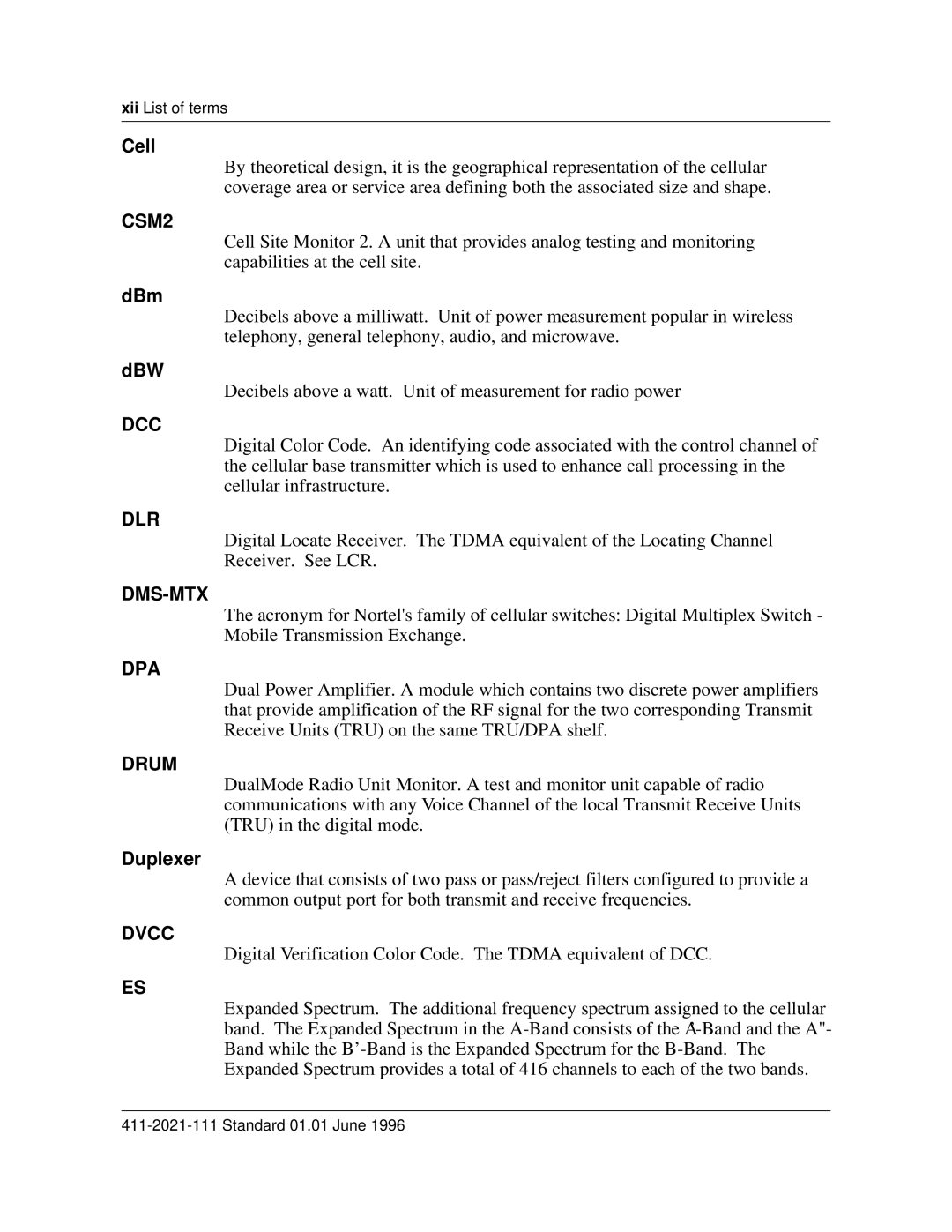 Nortel Networks 411-2021-111 manual Cell, DBm, Dbw, Duplexer 
