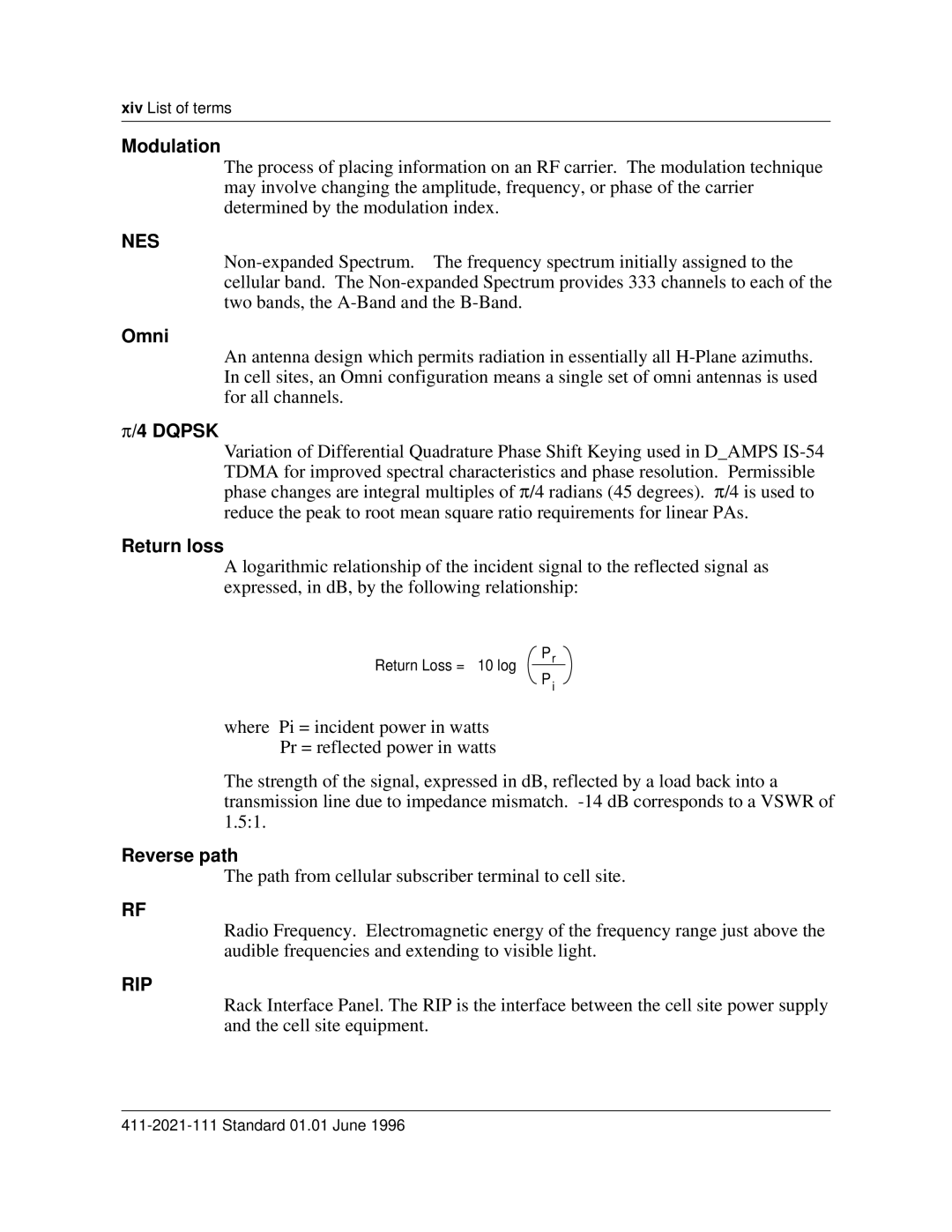 Nortel Networks 411-2021-111 manual Modulation, Omni, Dqpsk, Return loss, Reverse path 