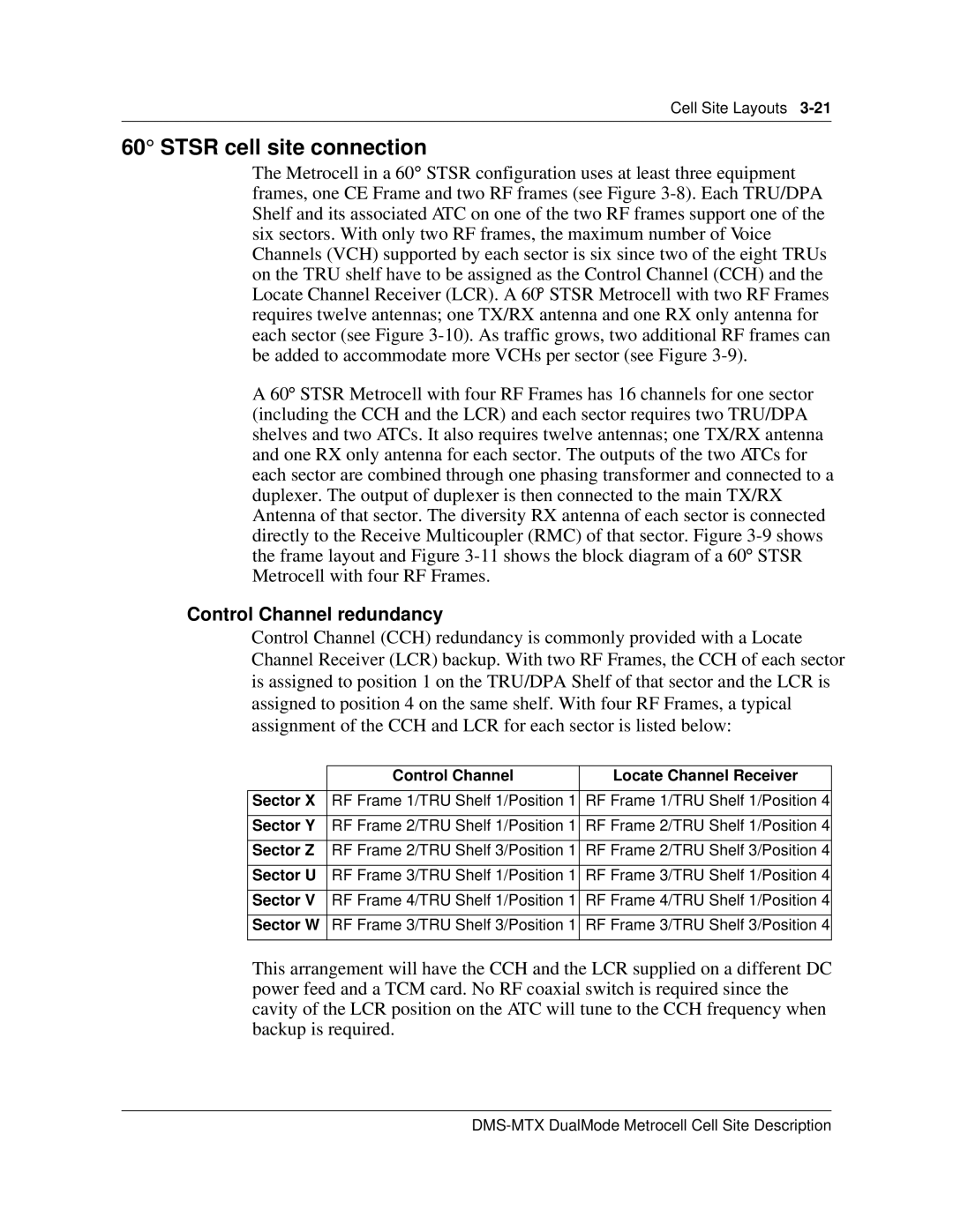 Nortel Networks 411-2021-111 Stsr cell site connection, Control Channel Locate Channel Receiver Sector, Sector U, Sector W 