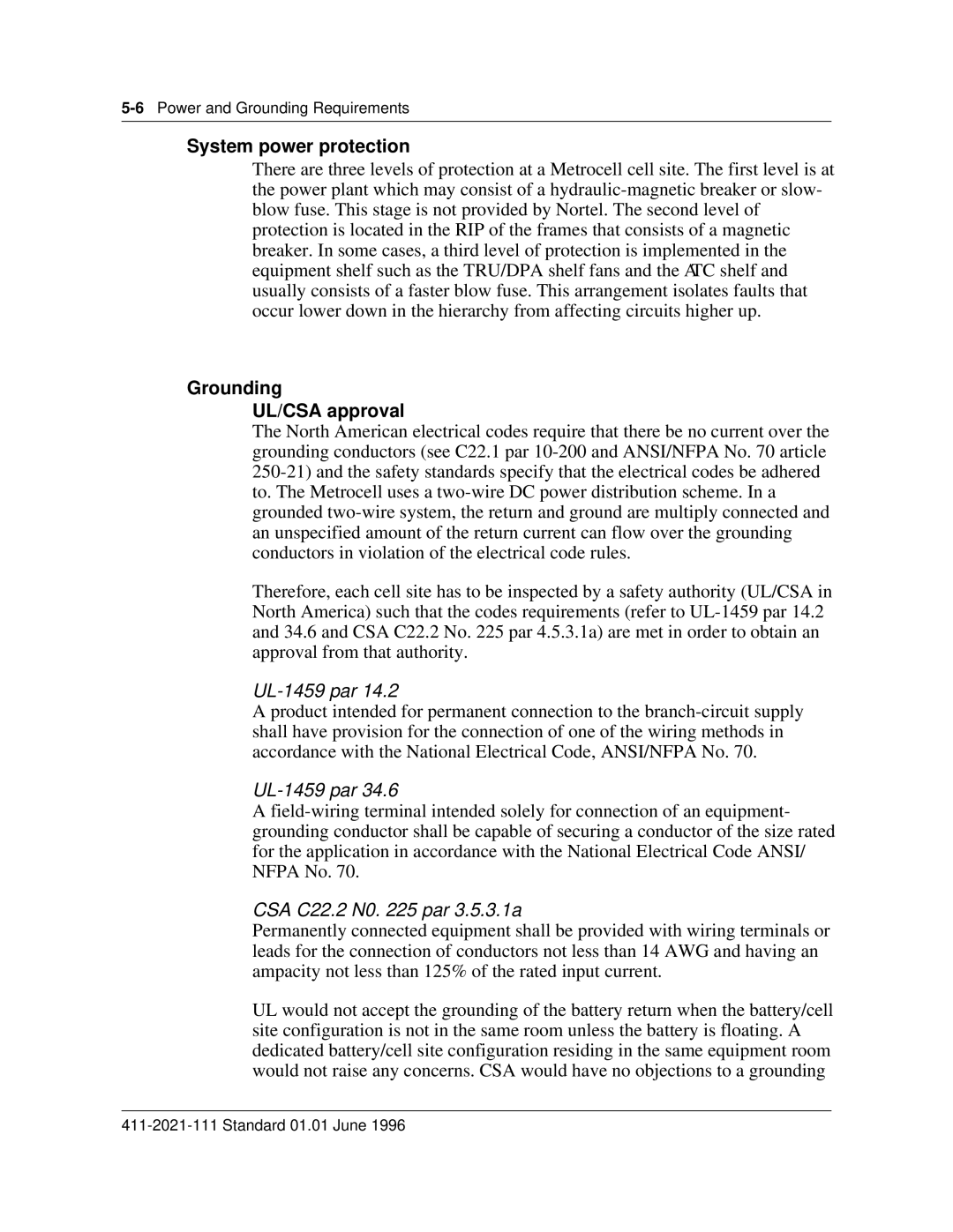 Nortel Networks 411-2021-111 manual System power protection, Grounding UL/CSA approval 