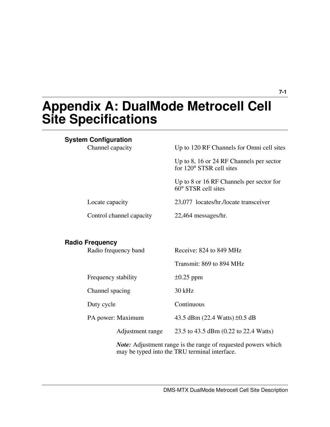 Nortel Networks 411-2021-111 Appendix a DualMode Metrocell Cell Site Specifications, System Configuration, Radio Frequency 