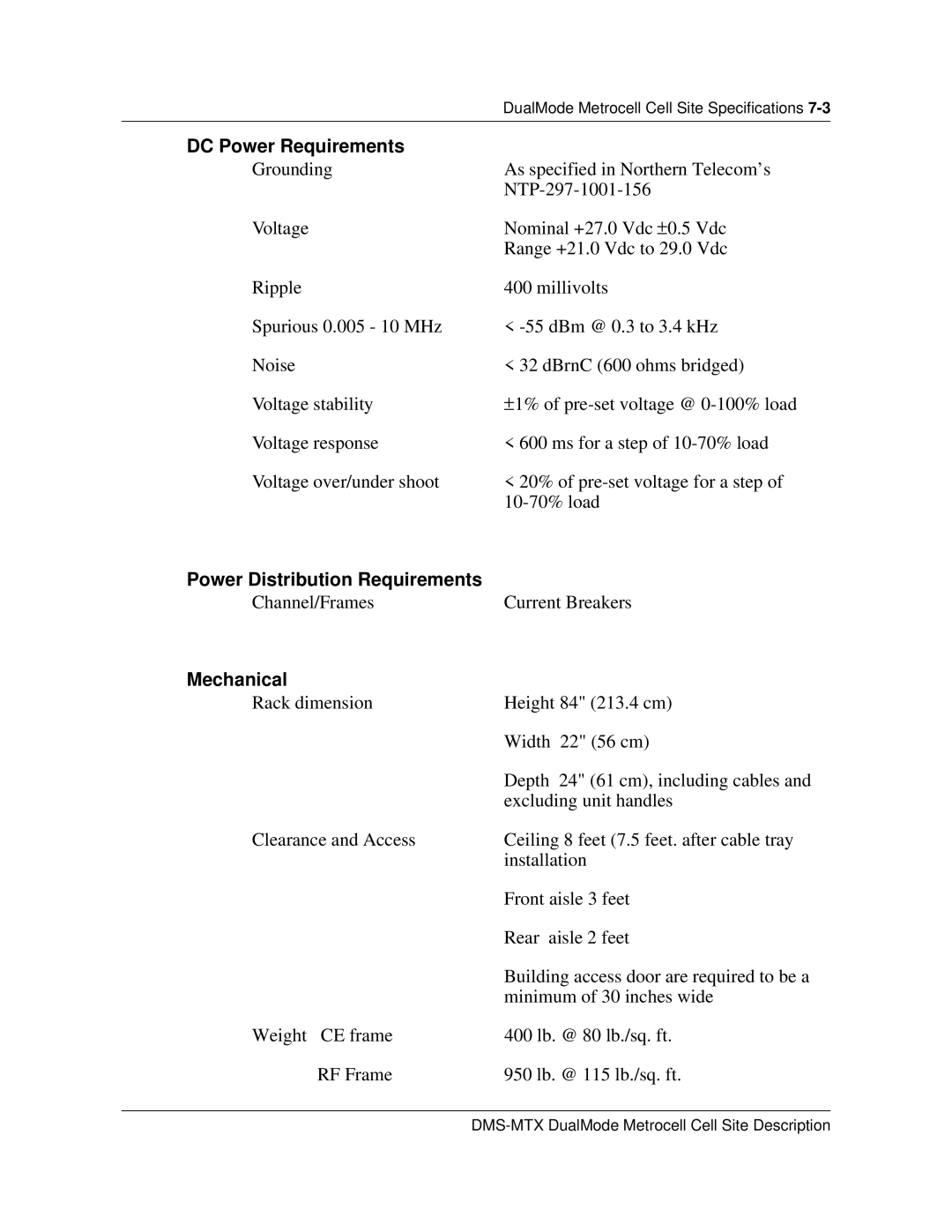 Nortel Networks 411-2021-111 manual DC Power Requirements, Power Distribution Requirements, Mechanical 