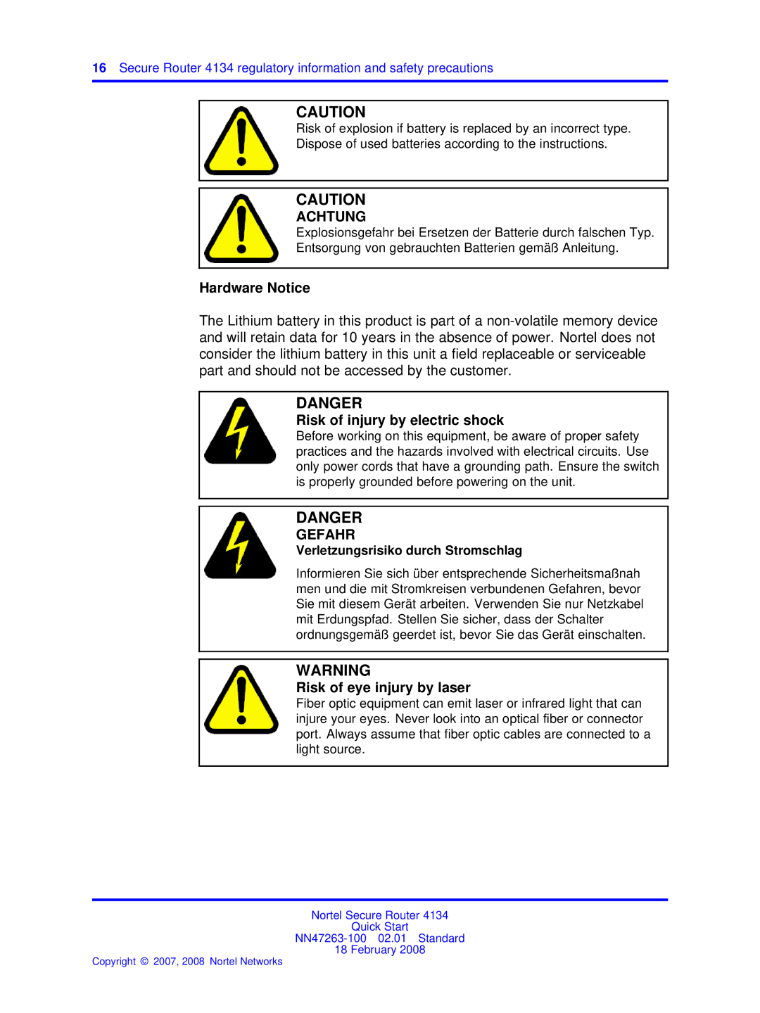 Nortel Networks 4134 quick start Hardware Notice 