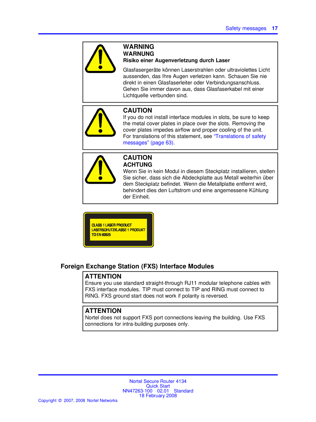 Nortel Networks 4134 quick start Foreign Exchange Station FXS Interface Modules, Risiko einer Augenverletzung durch Laser 