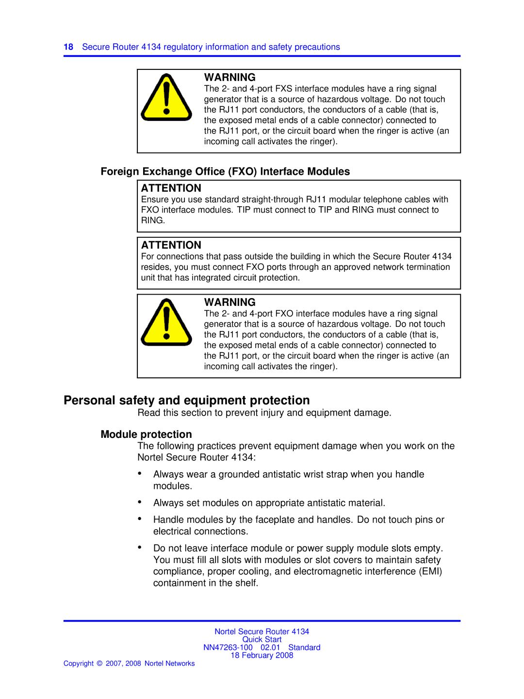 Nortel Networks 4134 quick start Personal safety and equipment protection, Foreign Exchange Office FXO Interface Modules 