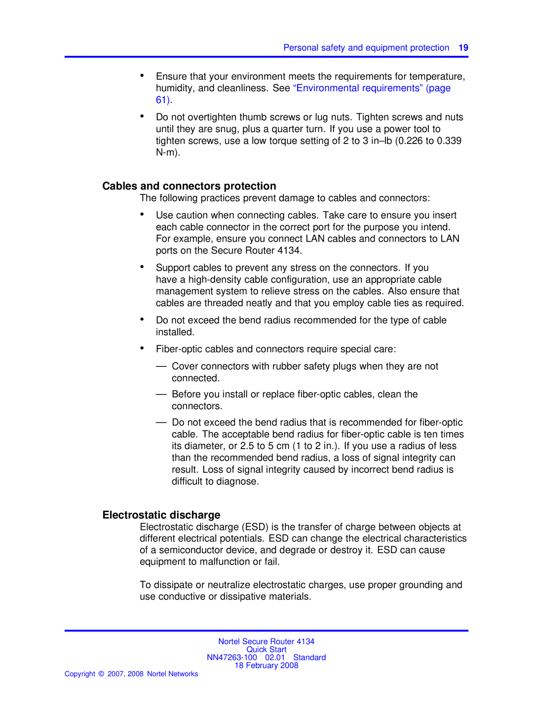 Nortel Networks 4134 quick start Cables and connectors protection, Electrostatic discharge 