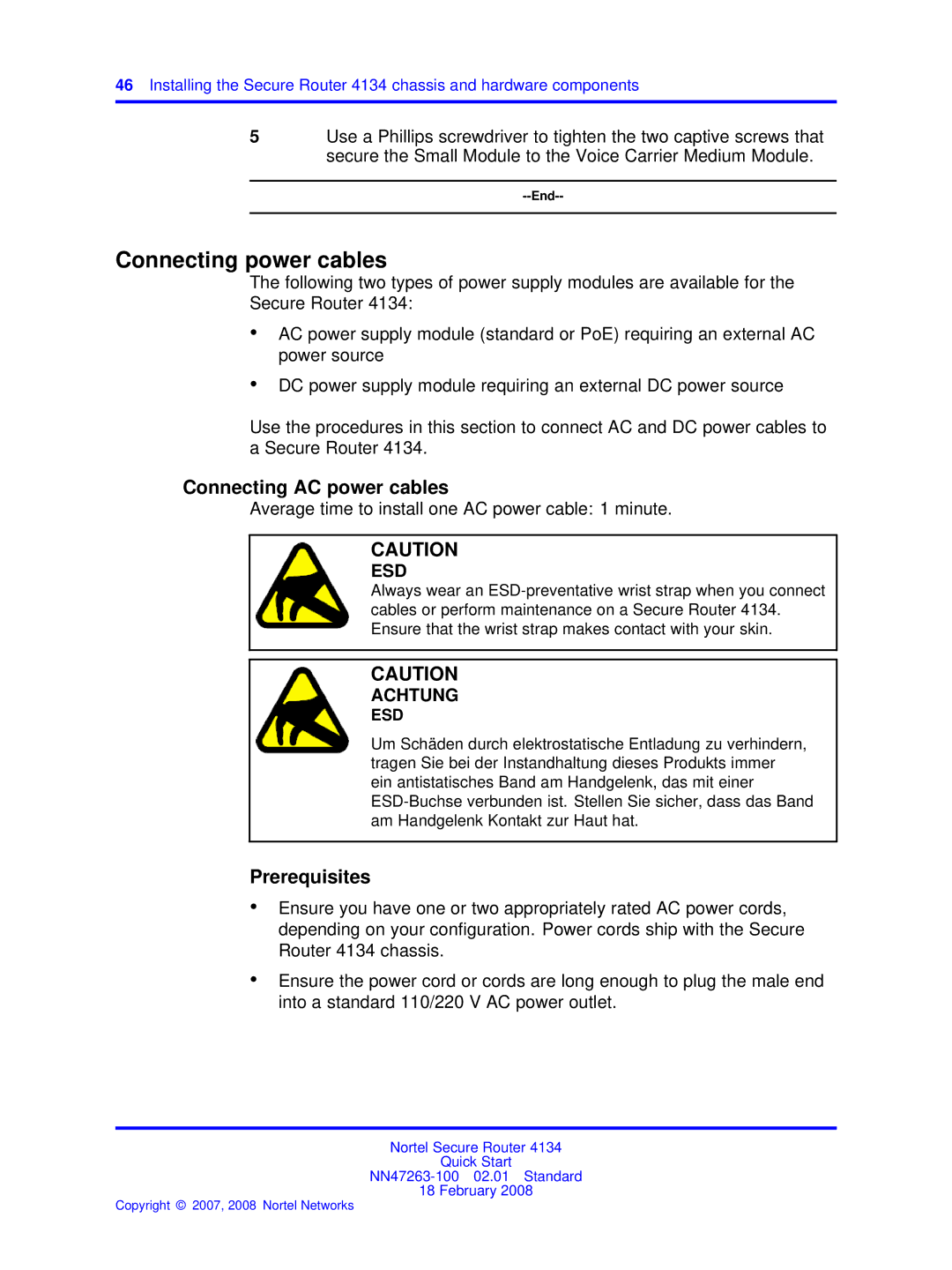 Nortel Networks 4134 quick start Connecting power cables, Connecting AC power cables 