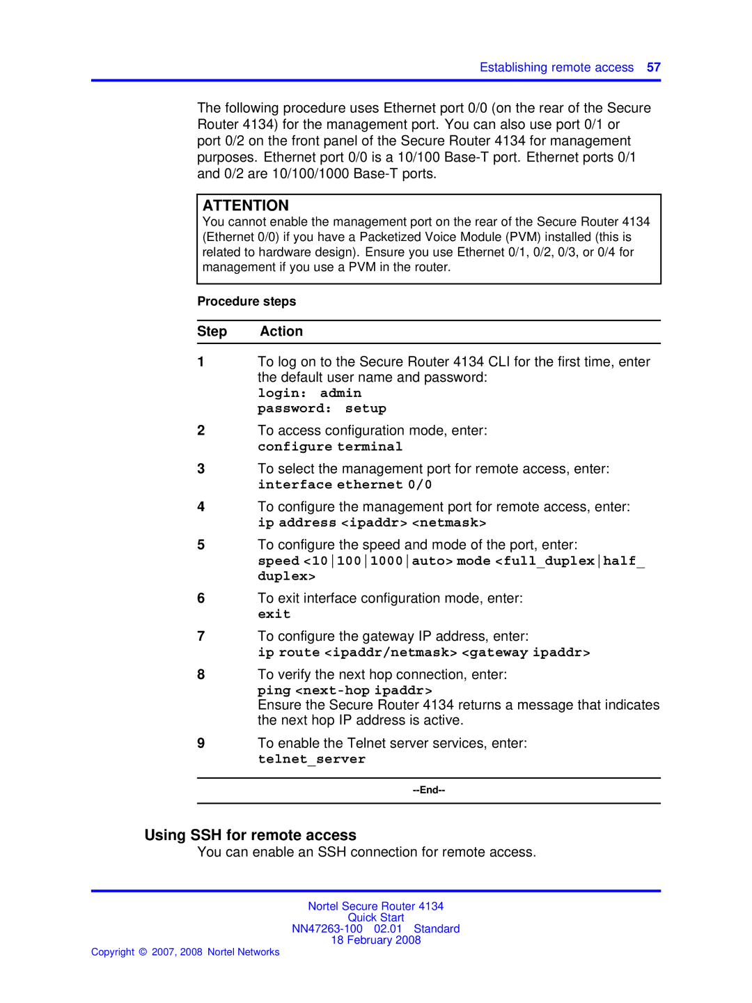 Nortel Networks 4134 quick start Using SSH for remote access, Login admin Password setup 