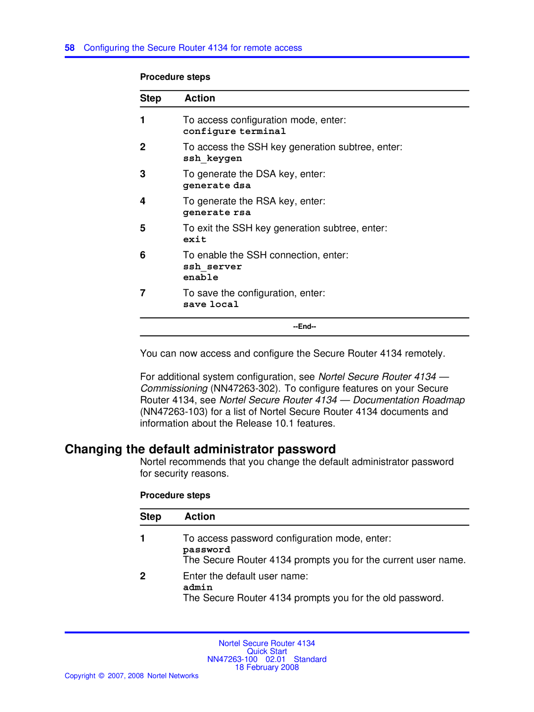 Nortel Networks 4134 quick start Changing the default administrator password, Enable 