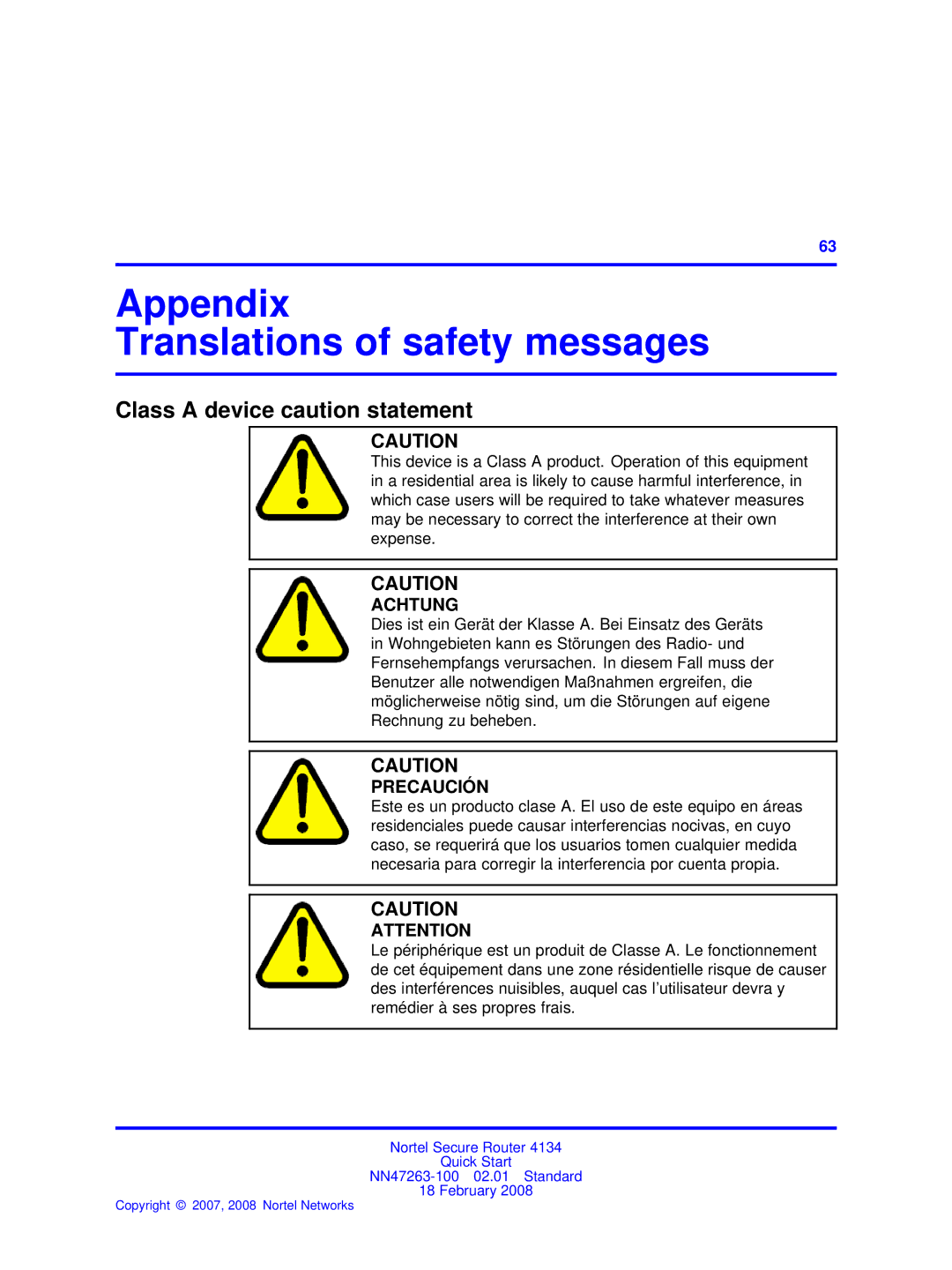 Nortel Networks 4134 quick start Appendix Translations of safety messages, Class a device caution statement 