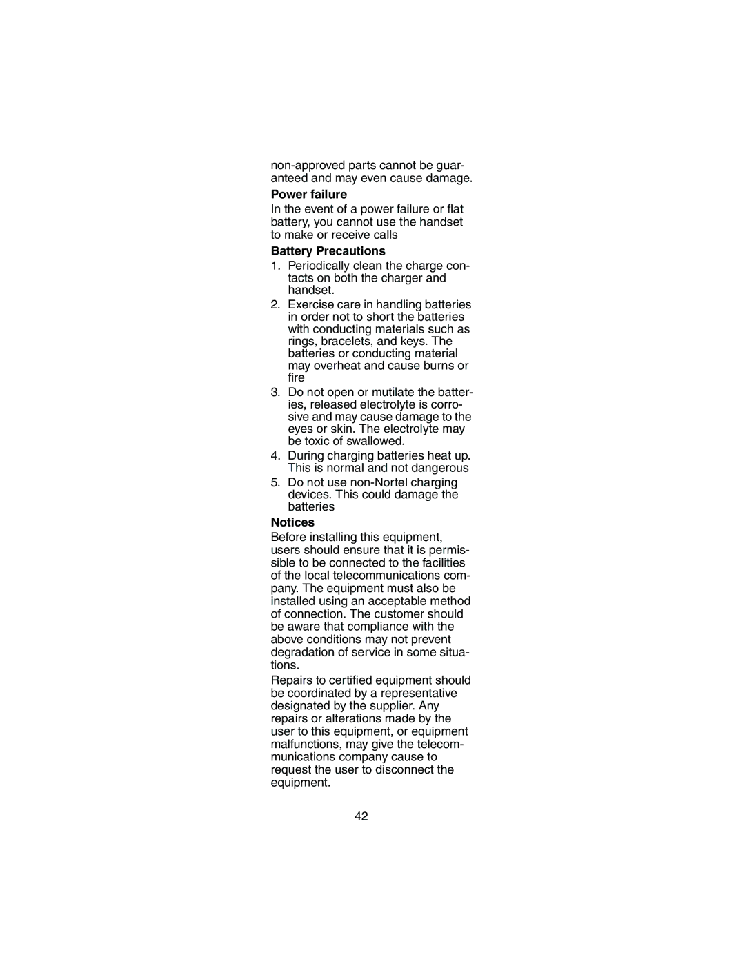 Nortel Networks 413X manual Power failure, Battery Precautions 