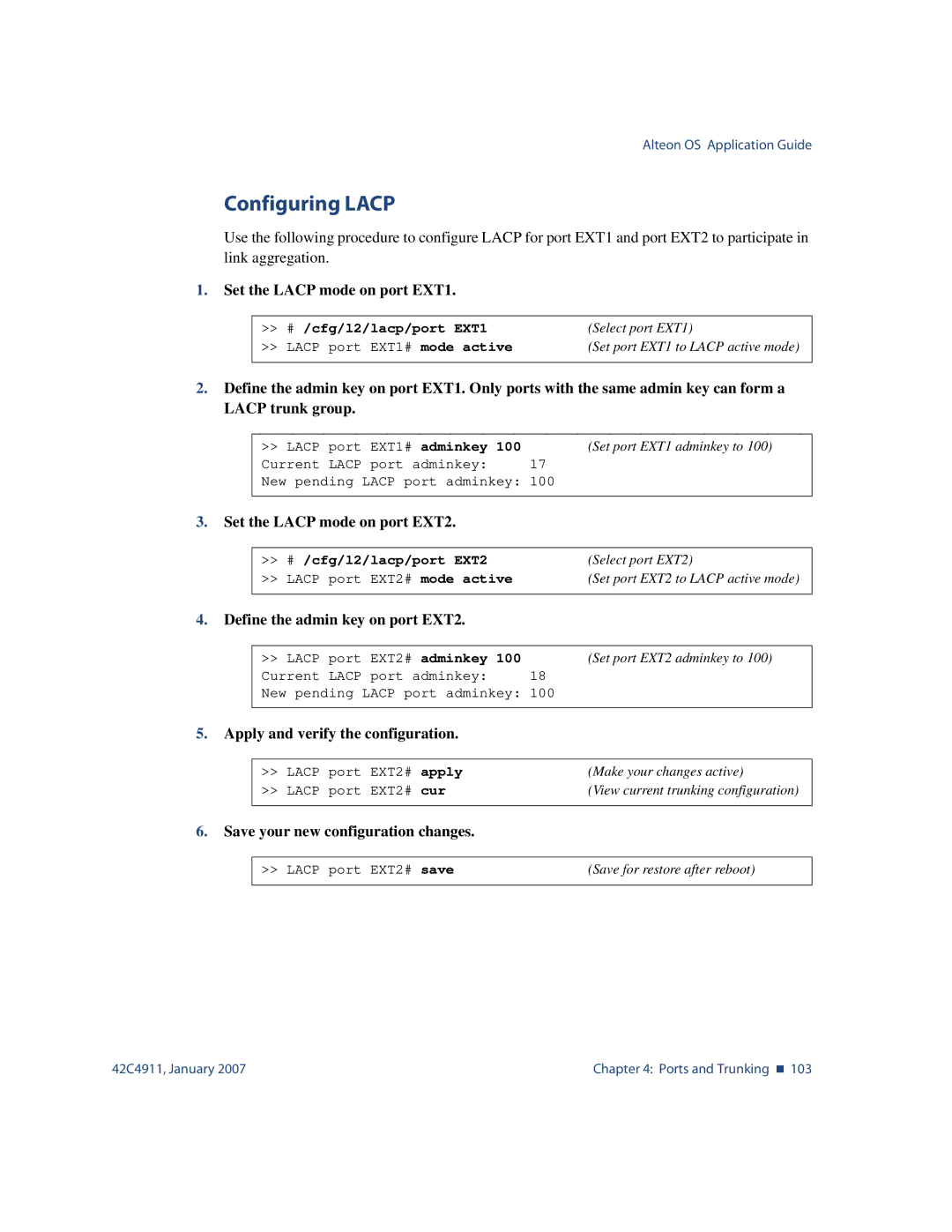 Nortel Networks 42C4911 manual Configuring Lacp 