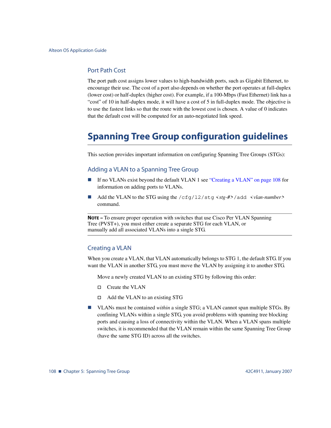 Nortel Networks 42C4911 manual Spanning Tree Group configuration guidelines, Port Path Cost, Creating a Vlan 