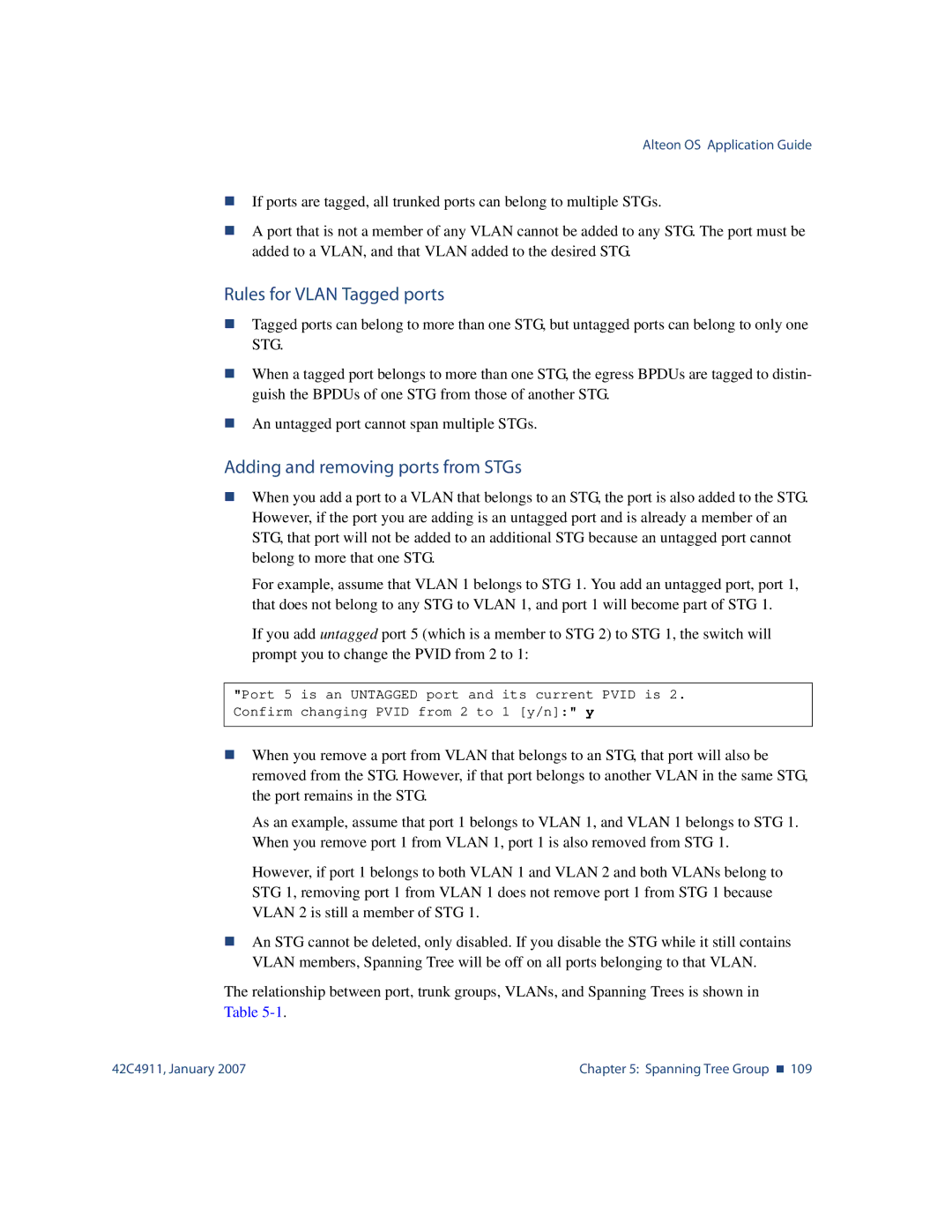 Nortel Networks 42C4911 manual Rules for Vlan Tagged ports, Adding and removing ports from STGs 