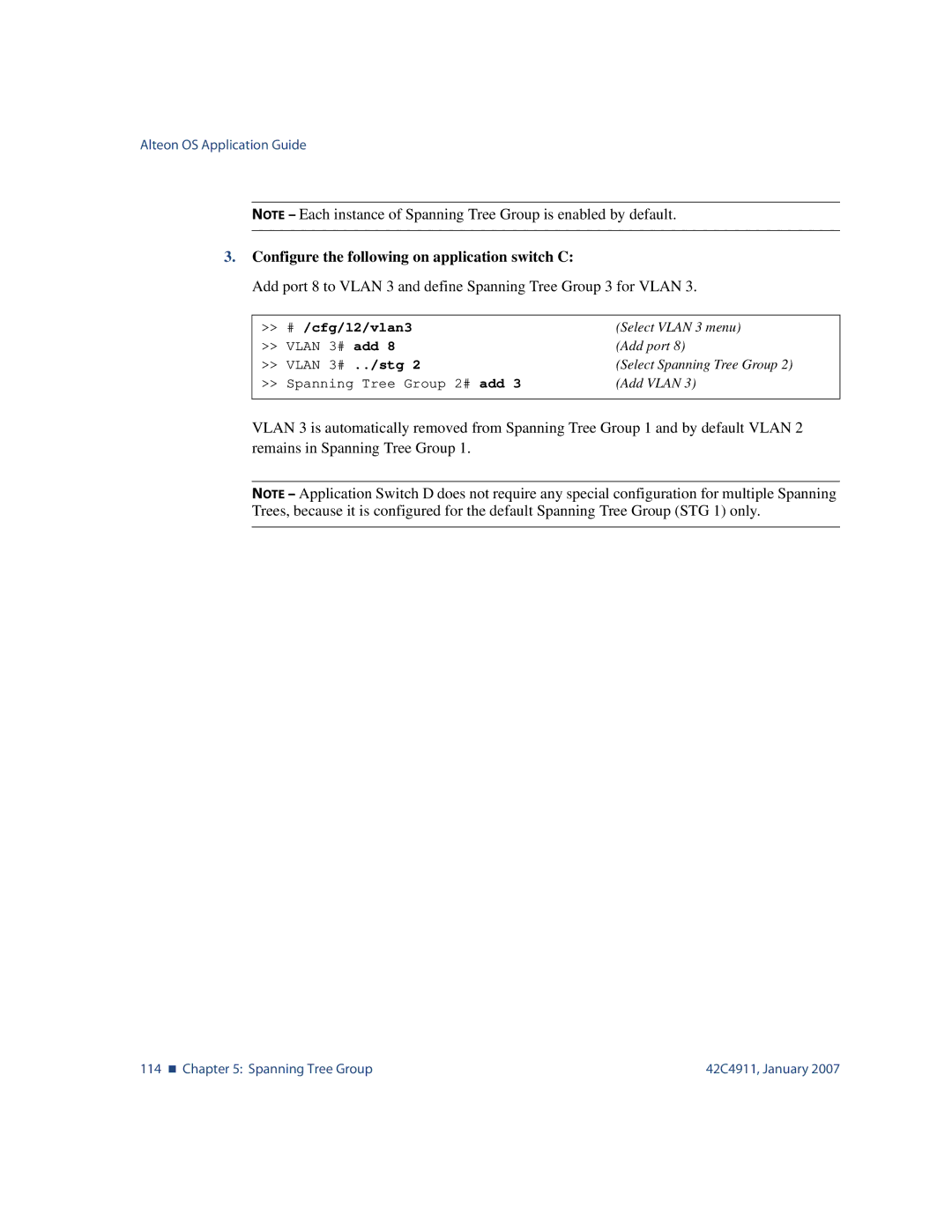 Nortel Networks 42C4911 manual Configure the following on application switch C, # /cfg/l2/vlan3 