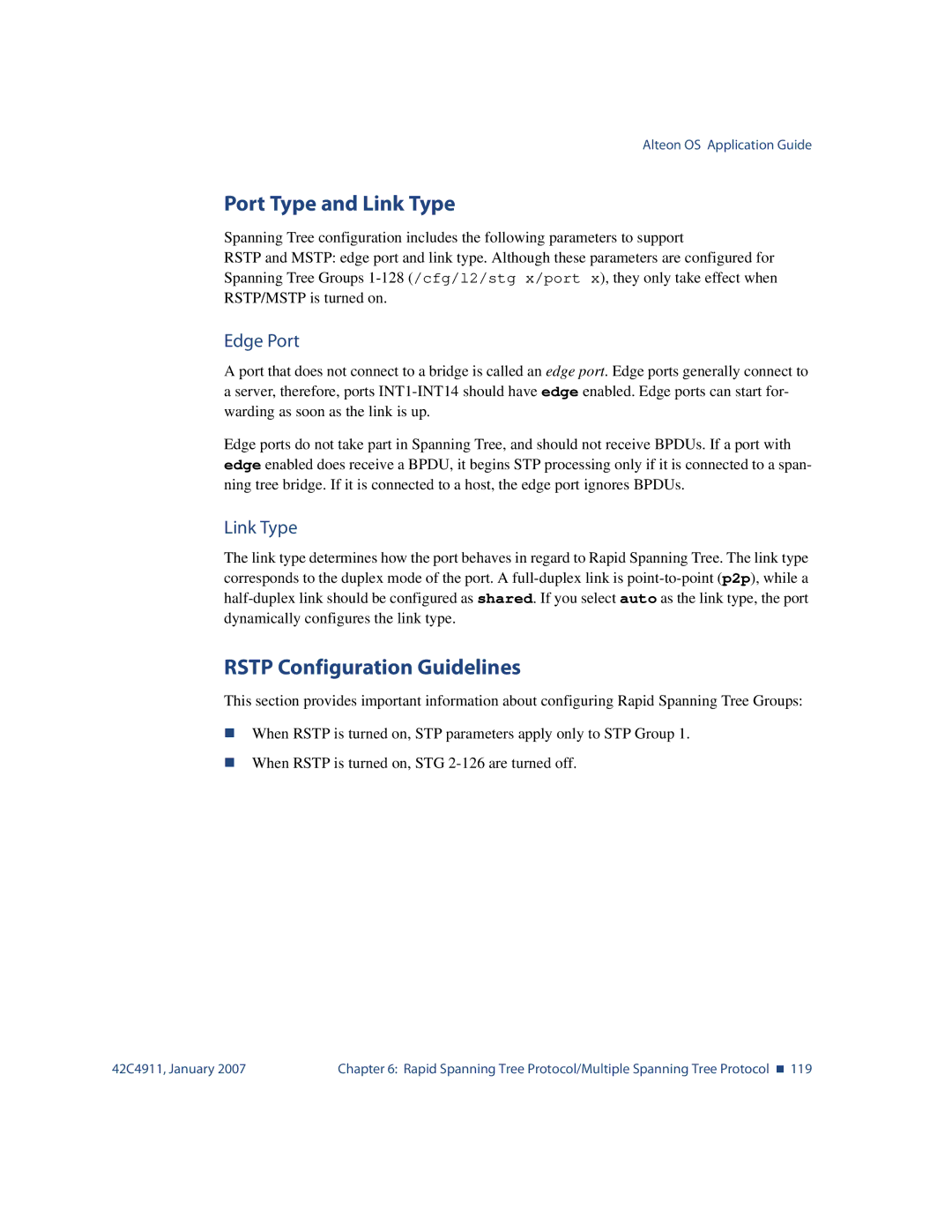 Nortel Networks 42C4911 manual Port Type and Link Type, Rstp Configuration Guidelines, Edge Port 