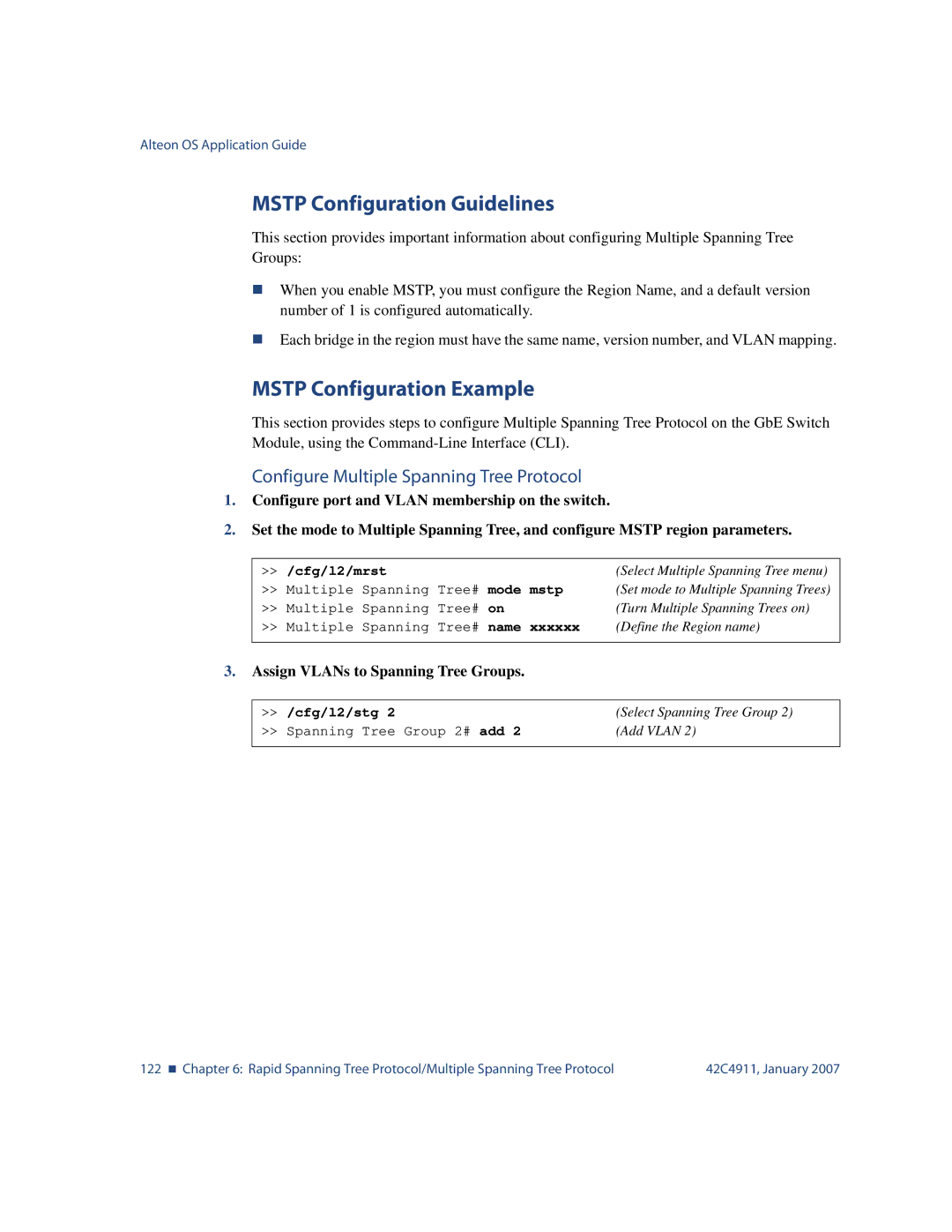 Nortel Networks 42C4911 Mstp Configuration Guidelines, Mstp Configuration Example, Assign VLANs to Spanning Tree Groups 