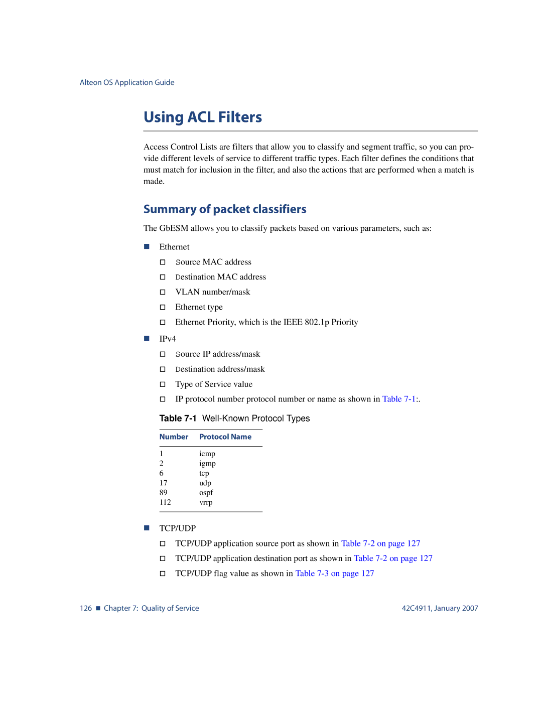 Nortel Networks 42C4911 manual Using ACL Filters, Summary of packet classifiers 