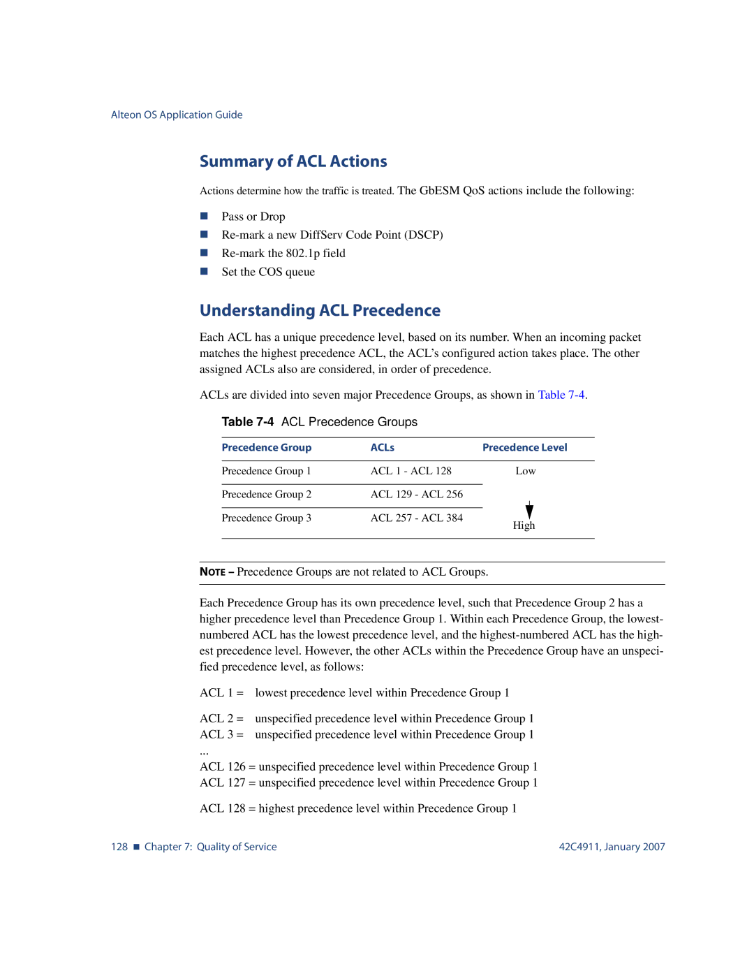 Nortel Networks 42C4911 manual Summary of ACL Actions, Understanding ACL Precedence 