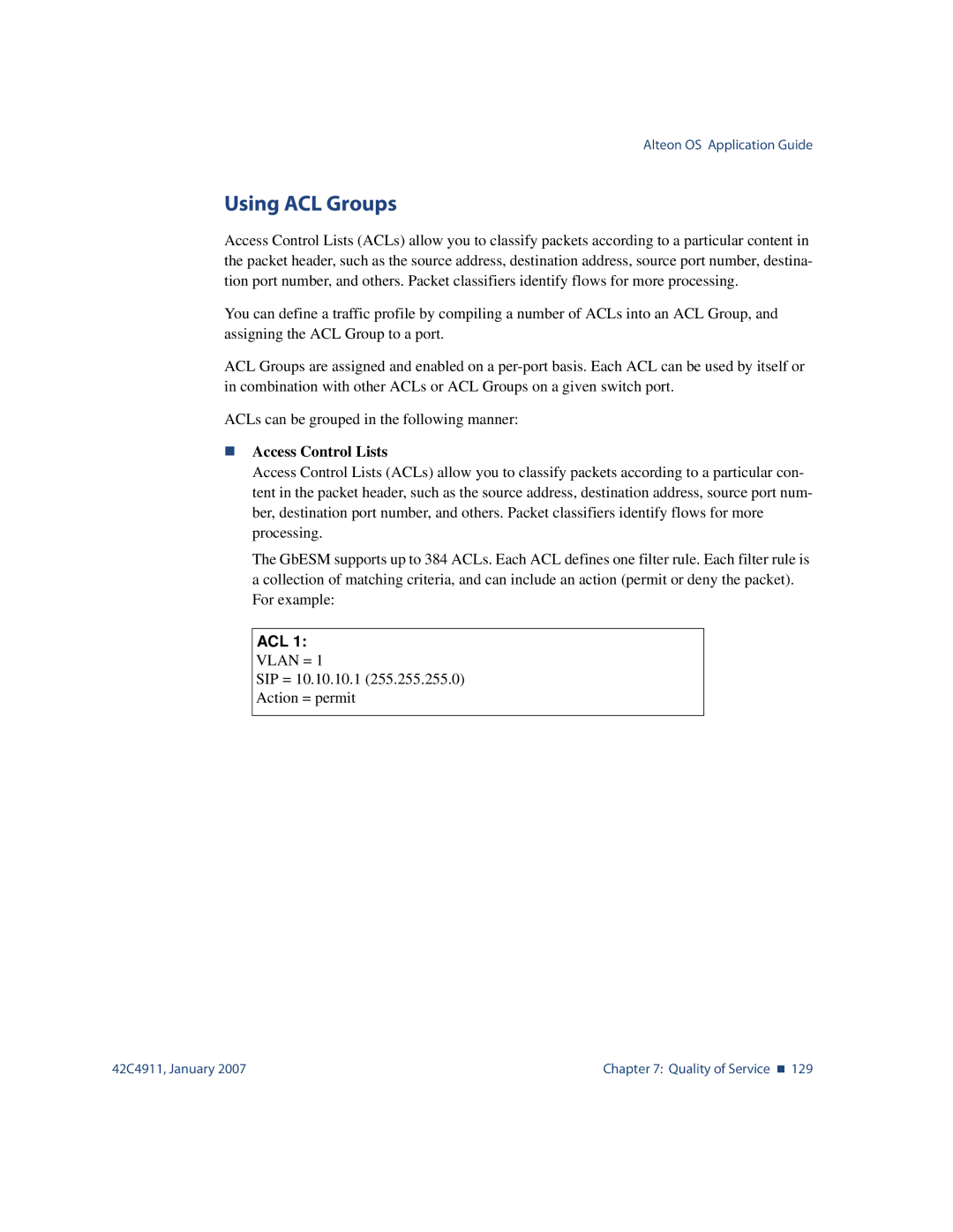 Nortel Networks 42C4911 manual Using ACL Groups, „ Access Control Lists 