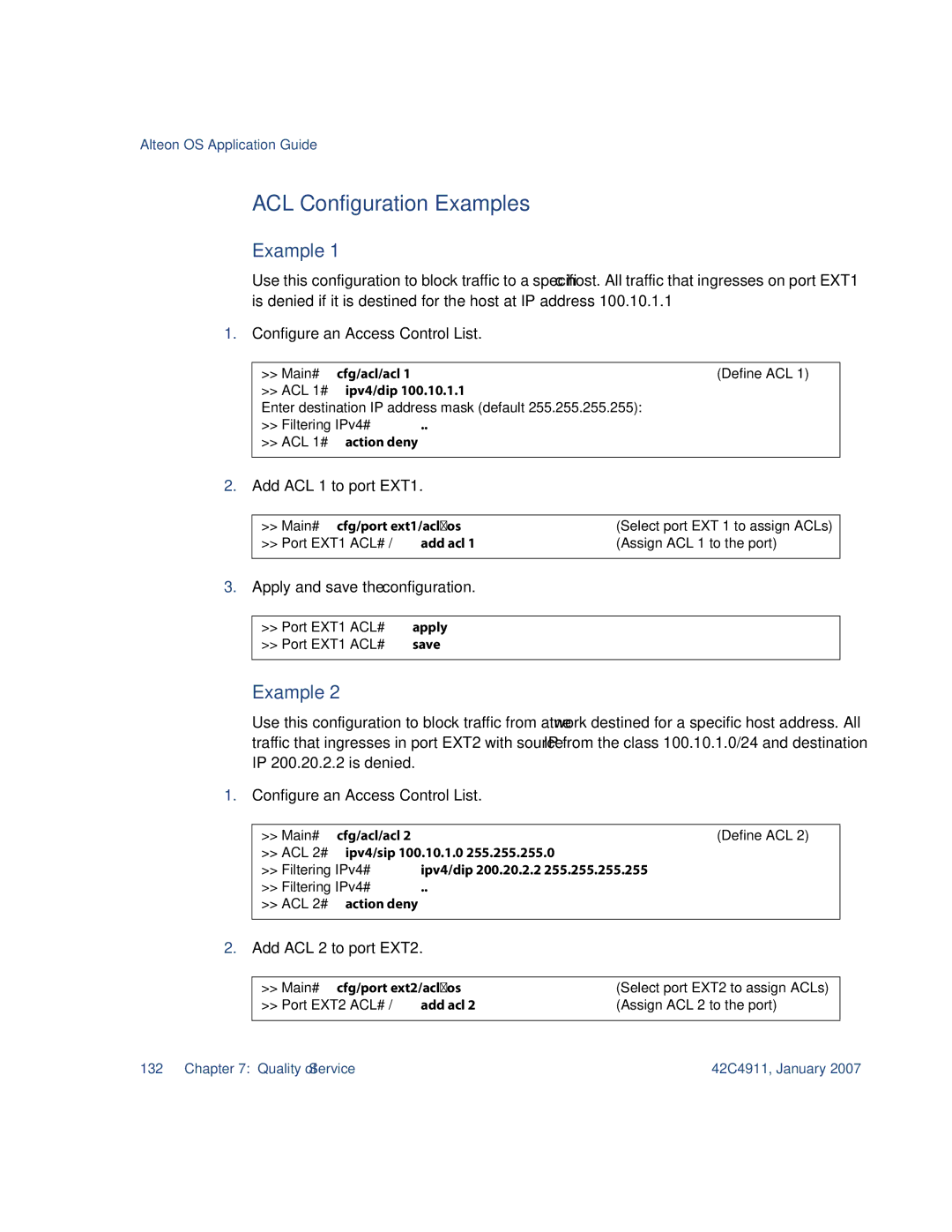 Nortel Networks 42C4911 manual ACL Configuration Examples, Configure an Access Control List, Add ACL 1 to port EXT1 