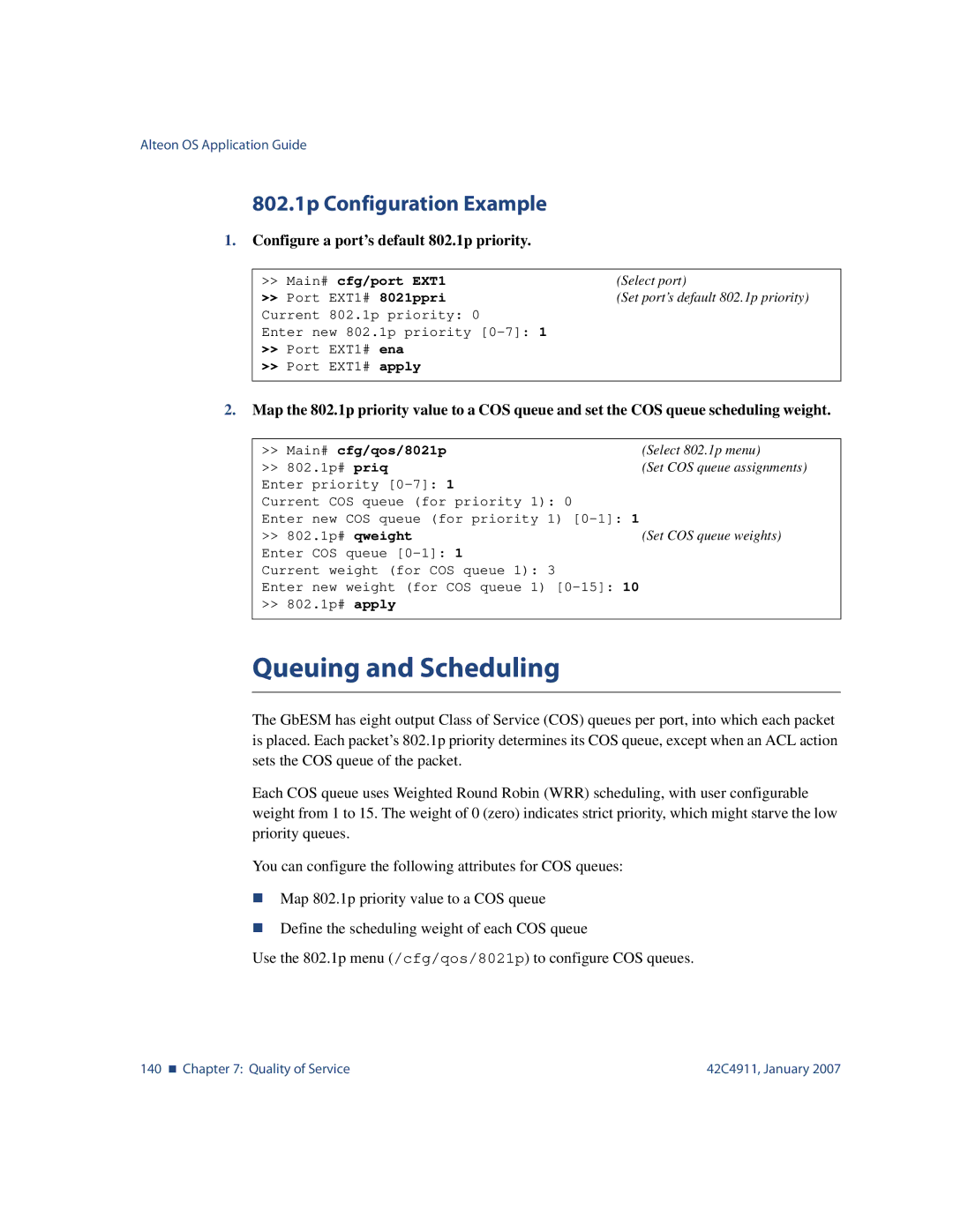 Nortel Networks 42C4911 Queuing and Scheduling, 802.1p Configuration Example, Configure a port’s default 802.1p priority 