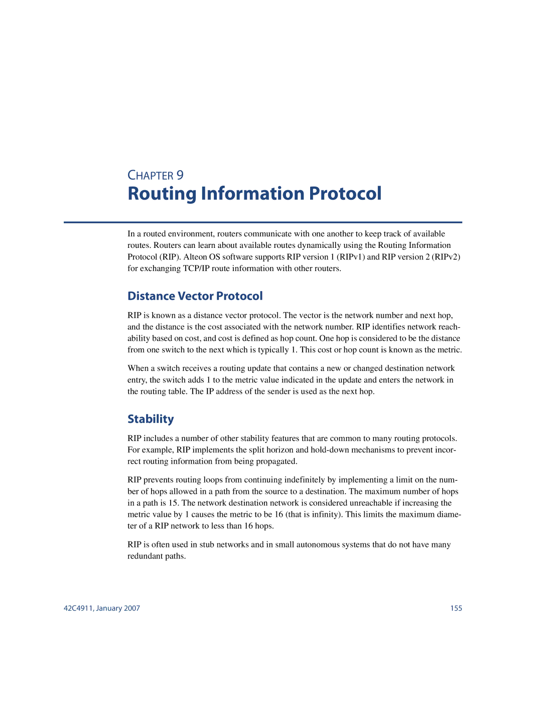 Nortel Networks 42C4911 manual Routing Information Protocol, Distance Vector Protocol, Stability 