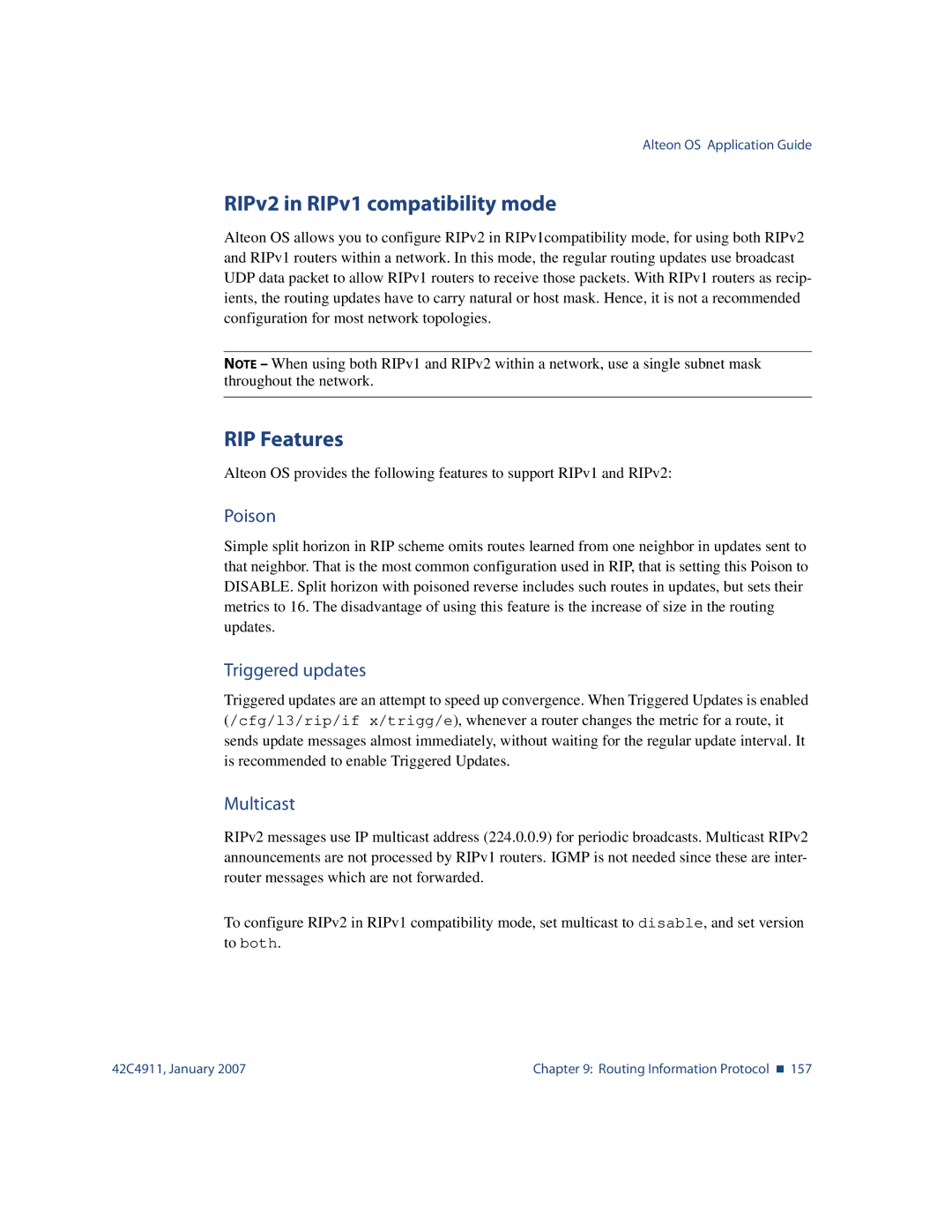 Nortel Networks 42C4911 manual RIPv2 in RIPv1 compatibility mode, RIP Features, Poison, Triggered updates, Multicast 